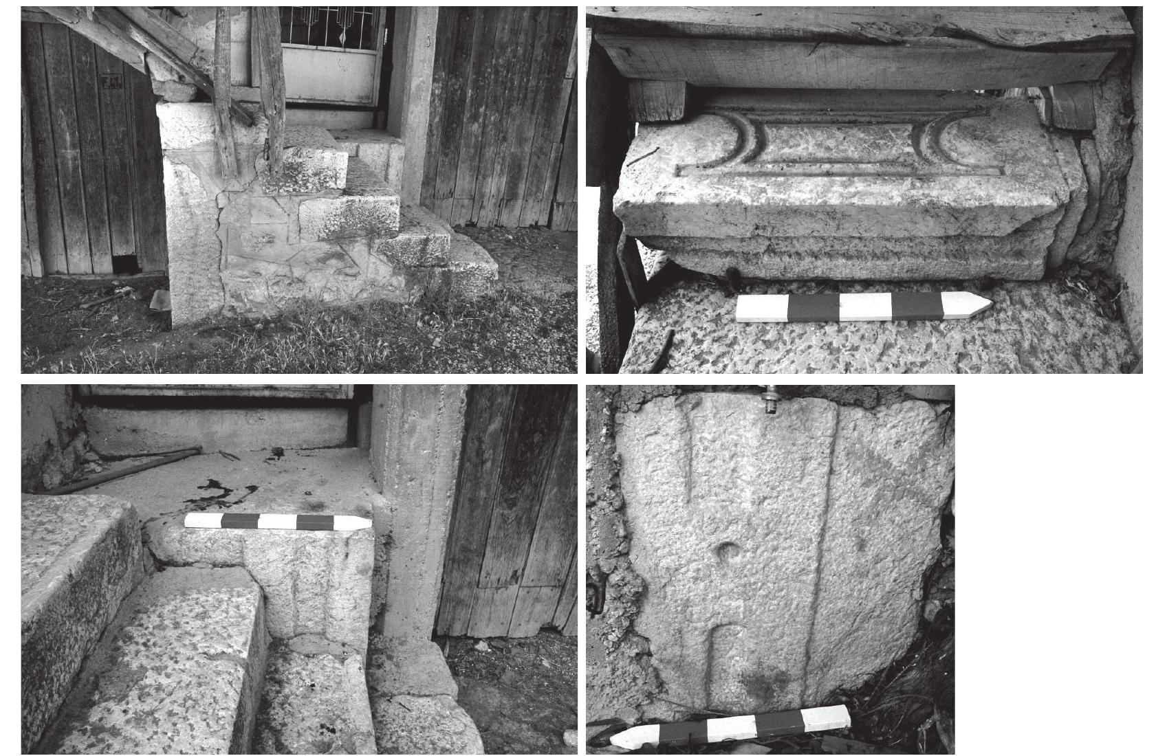 Fig. 2. Architectural elements at house of H. Yasan; a: view of staircase with reused liturgical elements; b: limestone post of chancel screen reused in staircase; c: limestone block of altar platform reused in east wall of the house; d: limestone block of altar platform reused in east wall of house. 