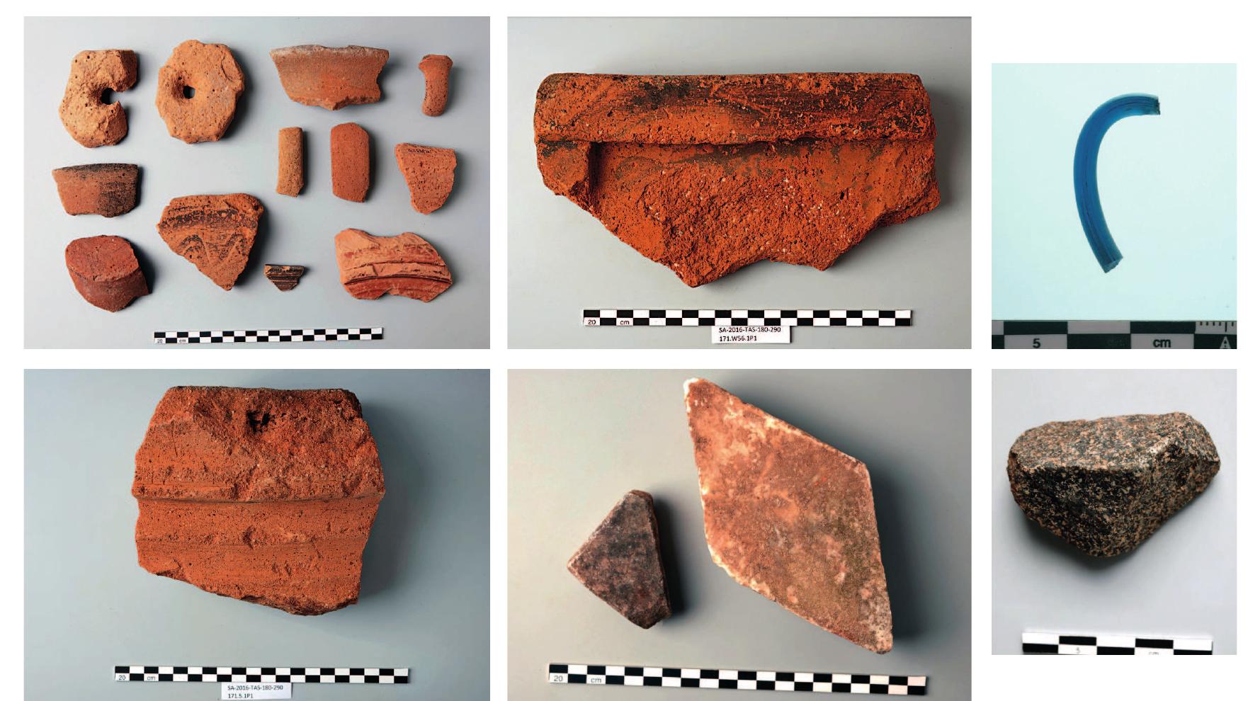 Fig. 4 Overview of find categories from Field 171; a: selection of ceramics; b: roof tile; c: glass handle; d: sherd of a storage vessel; e: marble opus sectile fragments; f: piece of granodiorite. 