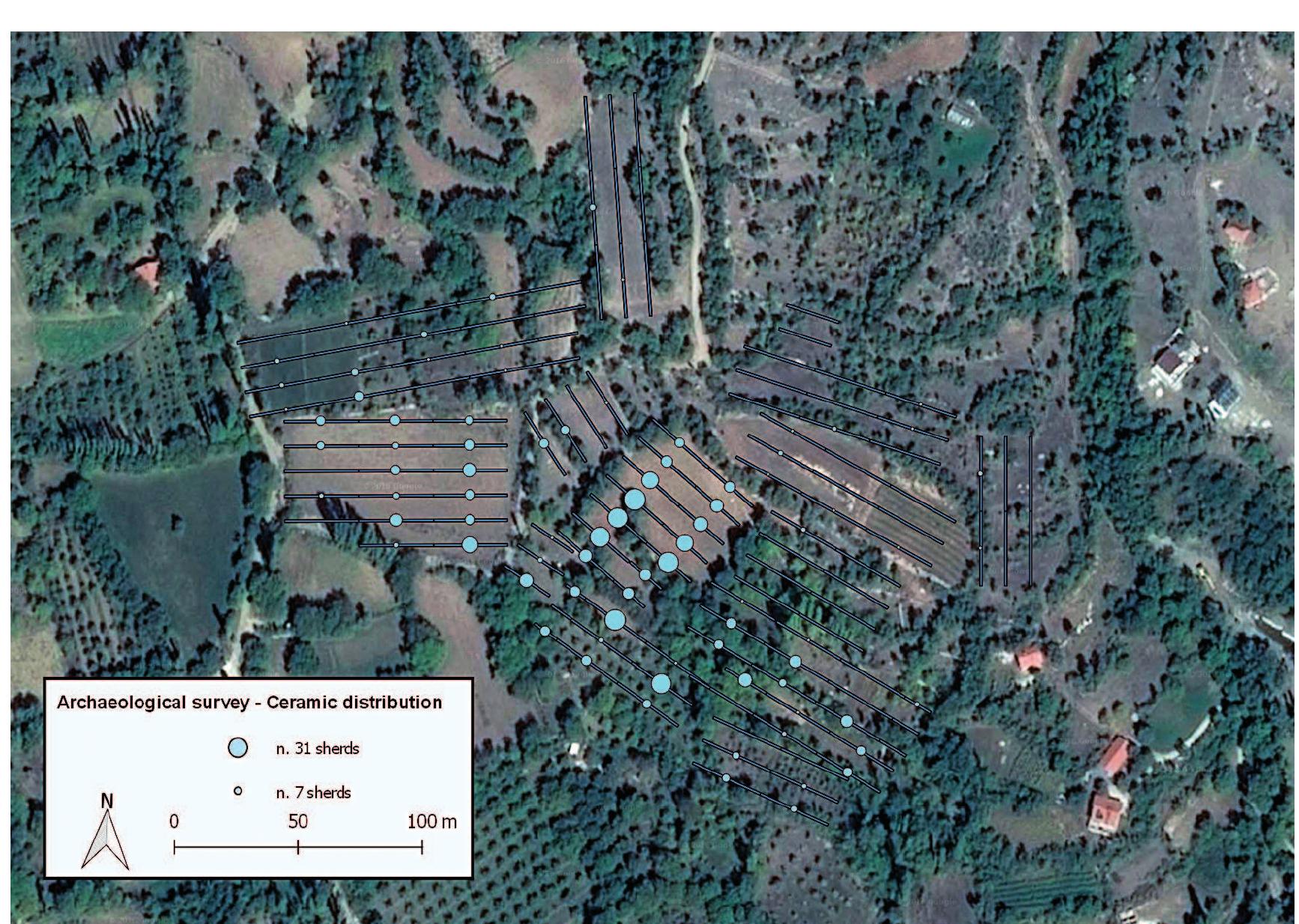 Fig. 6 Overview of the surveyed fields with distribution of the pottery.  -ig. 5 Chronological overview of pottery finds per field. 