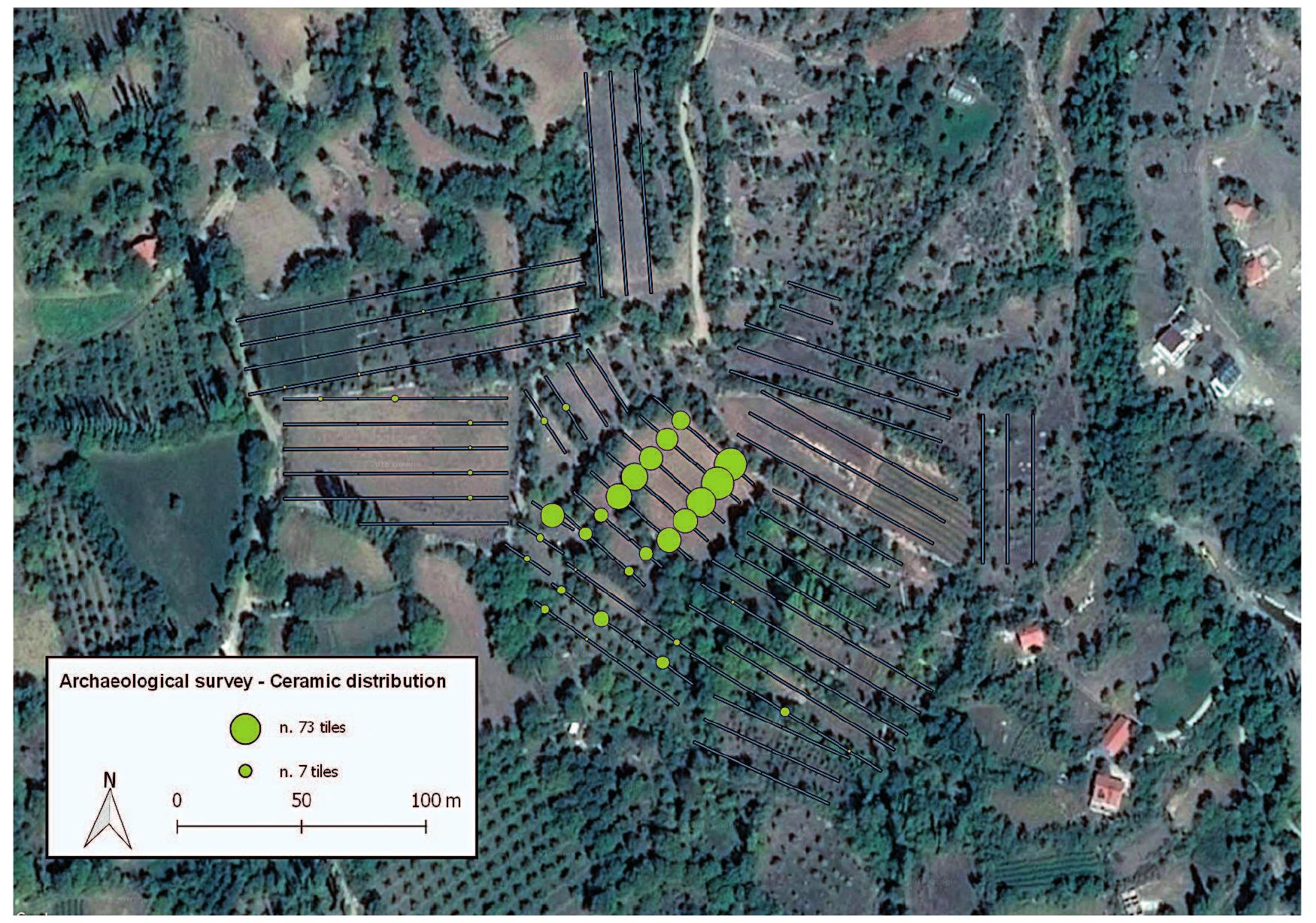 Fig. 7 Overview of the surveyed fields with distribution of building ceramics. 