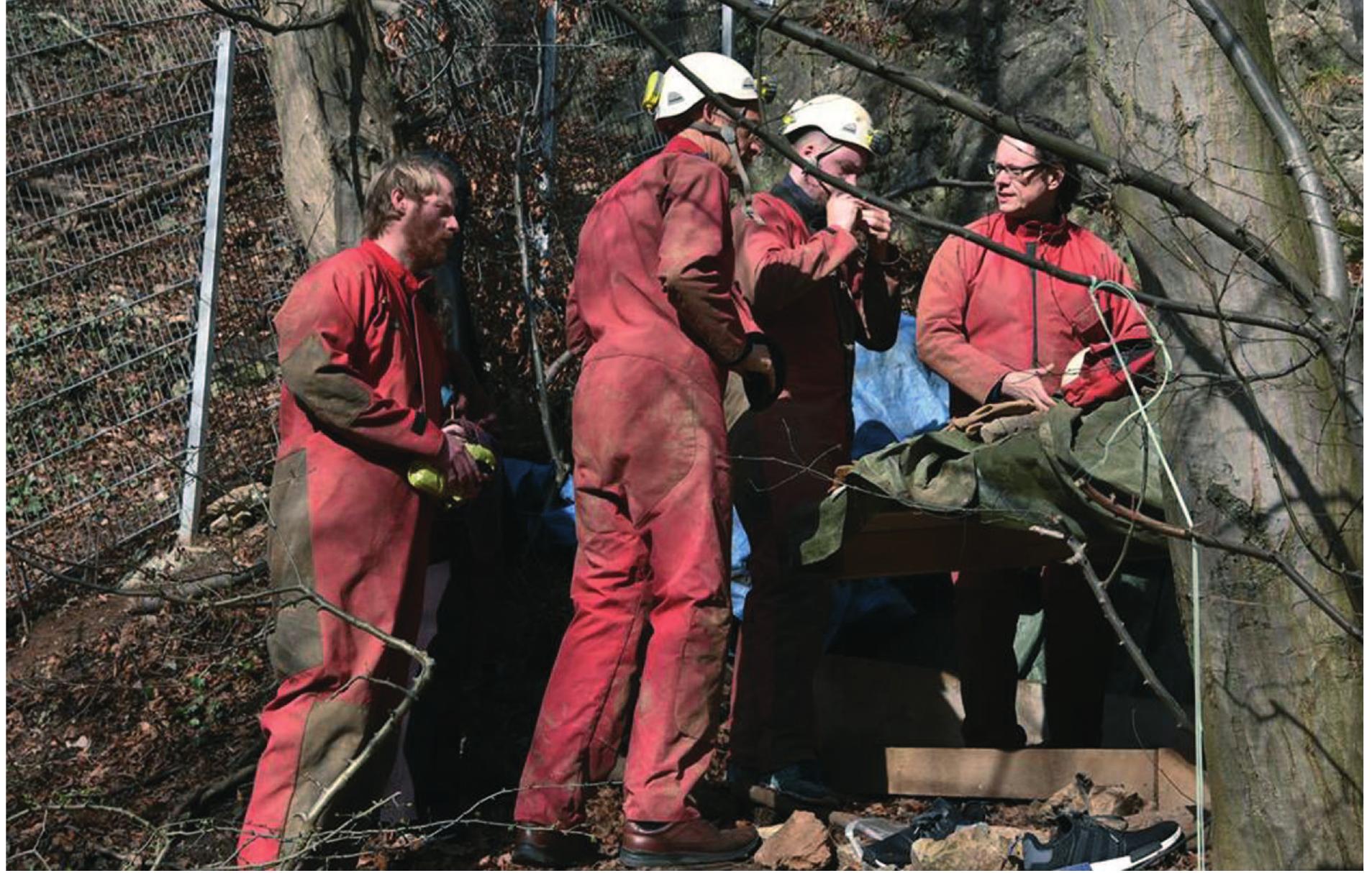 Fig. 4 From the right: Harry Robson, Mikkel Sorensen, Theis Jensen and Jorg Orschiedt about to enter the cave (Photograph: A. Baus) 