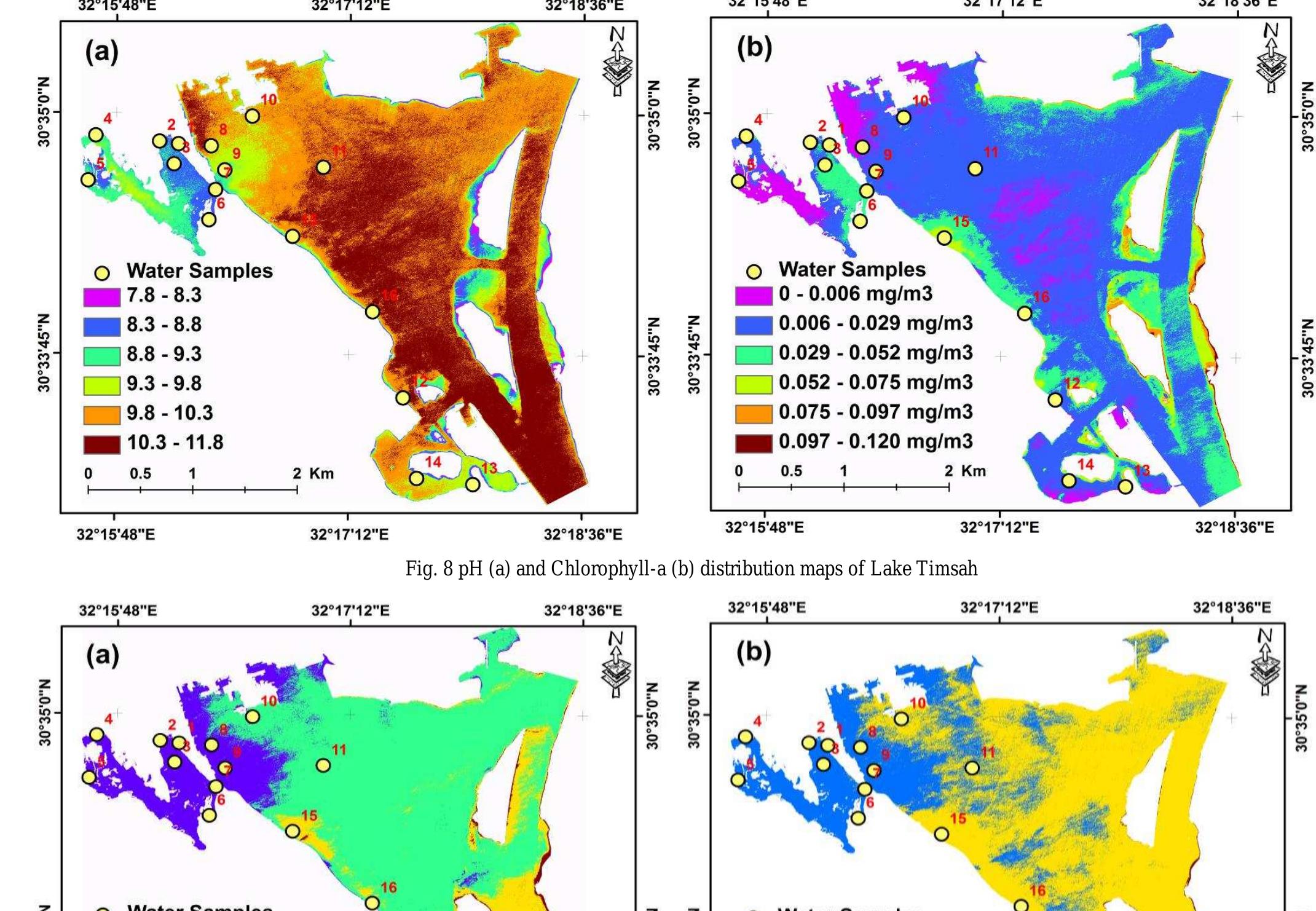 Chlorophyll-b (a) and chlorophyll-c (b) distribution maps of