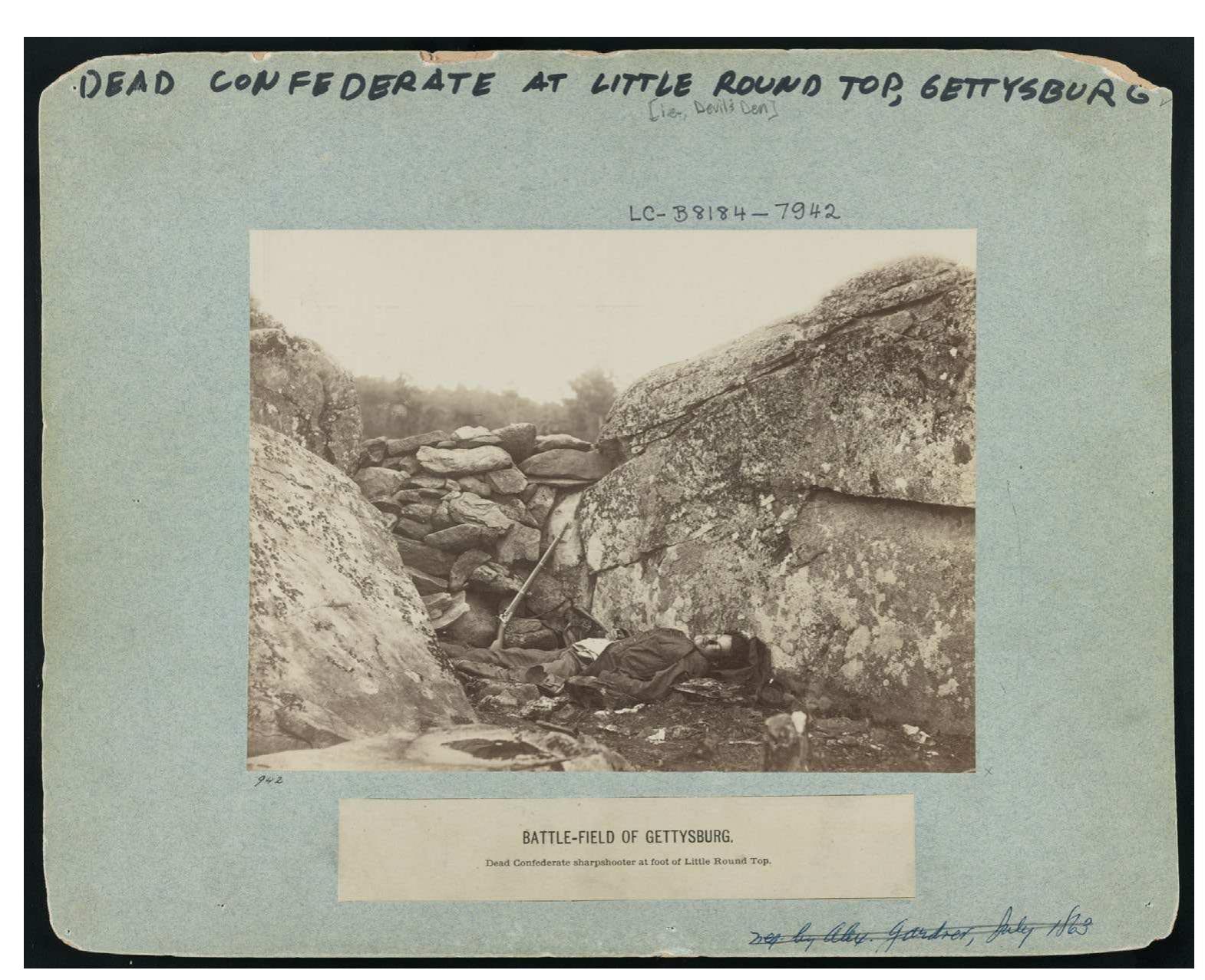 Figure 5. [Timothy O'Sullivan], Battle-Field of Gettysburg — Dead Confederate Sharpshooter at Foot of Little Round Top.Albumen print, | 863. Library of Congress, Washington, DC. 