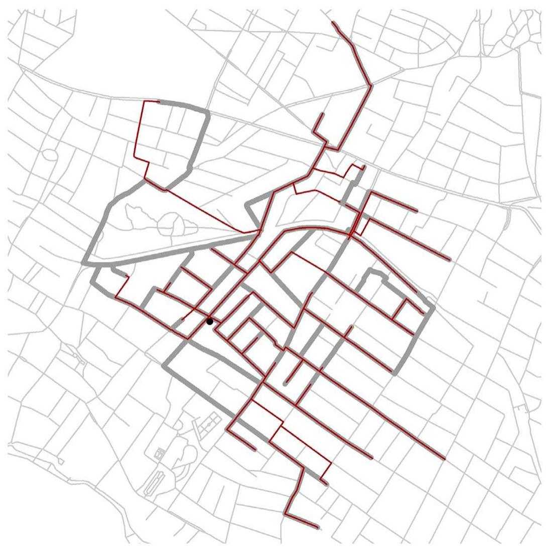 Visual comparison of metrically shortest paths (thin red