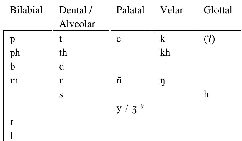 TABLE @.3 POSSIBLE CONSONANT PHONEMES IN AHOM