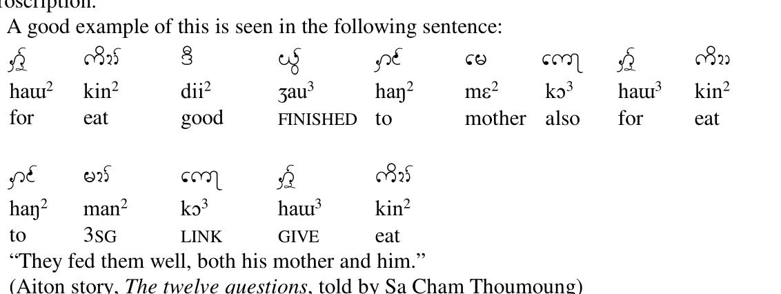 The core arguments of a predication are expressed either as noun phrases or as prepositional phrases. Noun phrases are headed by nouns or pronouns, the former of All the Tai varieties in India show considerable variation in the ordering of the arguments around the verb. Nevertheless, it is at least arguable that SVO remains the basic word order'?. There seems to be a preference that if there is only one noun phrase argument, with the exception of an NP incorporated with a verb, it will be placed before the verb'*. In practise, therefore, sentences with objects are often not SVO'*. A more detailed discussion of constituent order is found in Morey (in press).
