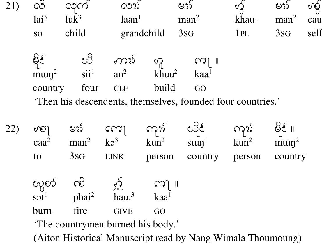 In both (21) and (22), kaa‘, a marker indicating that the event is past and gone, is adjacent 1 to the main verb. This occurs because the objects, muy? sit! an? ‘four countries’ and caa? man? ‘him’ in (21) and (22) respectively, have been anteposed. Examples of both of these are found in Tai Aiton, as in (21), which is an example of (19), and (22), which is an example of (20). Both examples are from the same speaker and the same text.
