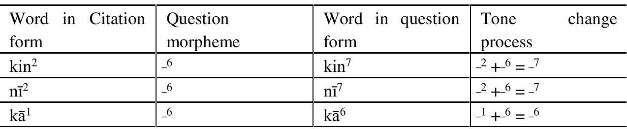 The various tone combinations so far observed are summarised in Table @.17 TABLE @.17 THE QUESTIONING TONE IN PHAKE