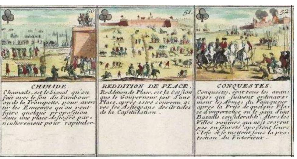 Figure 3: Detail of Mariette’s Jeu de la Guerre, 1697[author’s collection].  \ much later game variant foreshadows the idea of marking the favourable ‘goose-like’ spaces wit! epresentations of victories. In the Jeu des guerriers francais favoris de la victoire® these spaces are Jenoted by scenes from Napoleon’s victories [detail, Figure 4], making a single series only, on the paces 9, 18, 27.. This is anot uncommon device in French thematic variants where the theme will 1ot easily provide a double series of related images. The non-active spaces represent scenes from nilitary life, beginning with the departure of new conscripts to join the army. The winning space, 6 hows the military distinction of Marshal of France. However, the non-active spaces do not give a equential progress of the new recruit. 