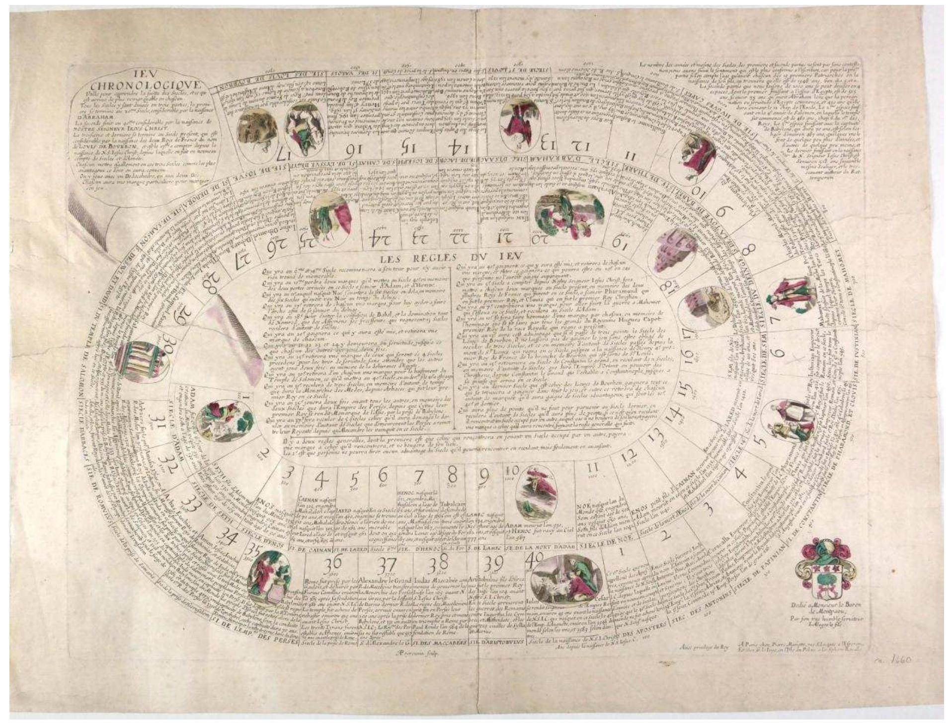 Figure 9: The earliest chronological game known, published by Mariette and Le Juge in about 1650 [author’s collection]  [The sequence of spaces in the Jeu de /a Victoire begins with the attack on France and ends, at sp< 93, with ‘Victorious Peace’, a significant term bearing in mind that, as noted above, Peace without sictory was abhorrent. Although it purports to be a chronology, there are several points where tt cimeline has been distorted to suit popular perceptions. For example, space 32, simply labelled ‘e crime’, shows the sinking of a passenger liner, presumably the Lustania, while the next space dortrays President Woodrow Wilson and is labelled ‘intervention of America’, by implication linki these events both causally and chronologically. In fact, these events were separated by many nonths. Moreover, the causal connection is much more indirect than that implied. The official yrotest note”’ from the USA to Germany resulting from the sinking is measured in tone. It was nc until the resumption of unrestricted submarine warfare by Germany in 1917 that America entere he war.  The sequence of spaces in the Jeu de Ia Victoire begins with the attack on France and ends, at space 