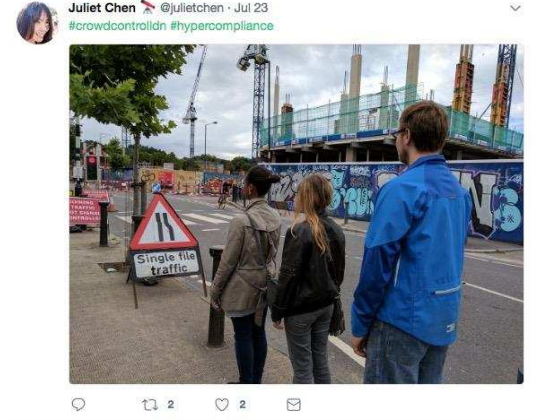 Demonstrating #hypercompliance in Escaping the Lawscape, ‘Single file traffic’. Screen grab from twitter feed @CrowdControlLDN. 