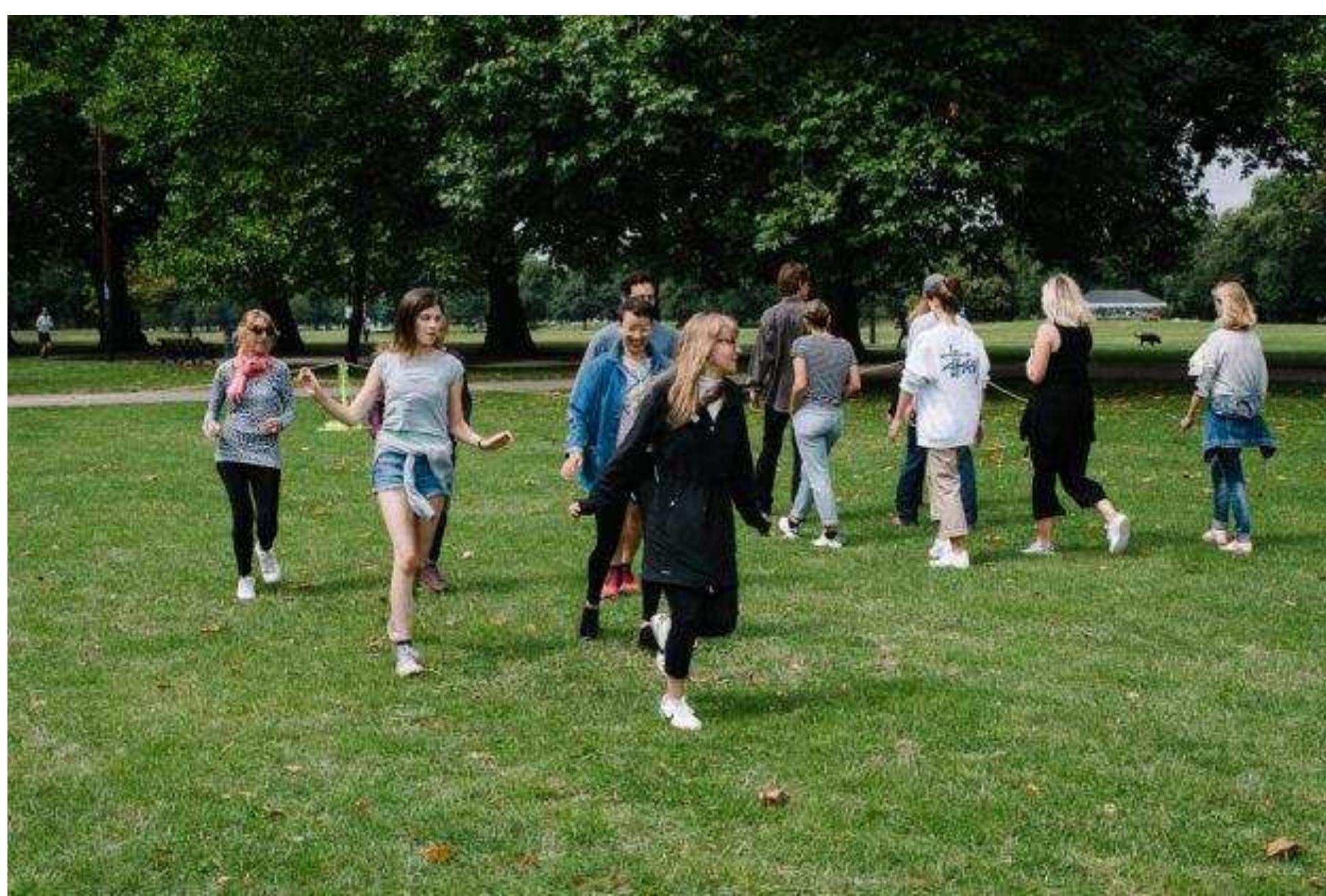 A human murmuration - improvising flocking mechanisms. Photo © Luka Radek  Swarming: 