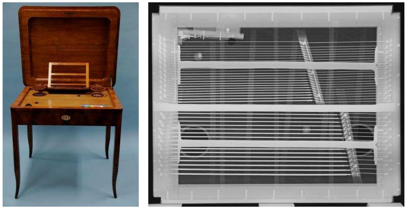 Fig. 4: Zither resonance-table, Kat.- Nr. 5563, Foto: Sophie Kleinbeck, Berlin 2016,  RS ELEN SMT enrenc tn OUP Rane ee: ERATURE UEN: arenes eet SAMAR TSR er ete OR SO eins | PARES Be AG, NRE OR Rae RAEI EES TEN Te SEMEN AD ASO ESET OMAN REA PR Se Te eR Ae  Fig. 5: Zither resonance-table, Kat.- Nr. 5563, X-ray: Christoph Schmidt, SMB, Berlin 2016  The undamped and covibrating strings of the stringed keyboard instruments are part of the sound producing system for many hundred years. The sound of the zither gets a special character because of the sympathetic strings. The aliquodium is a development of this  principle. It is like a substructure underneath the zither which amplifies the sound by resonating strings, made in the 1890s in a transportable size. 