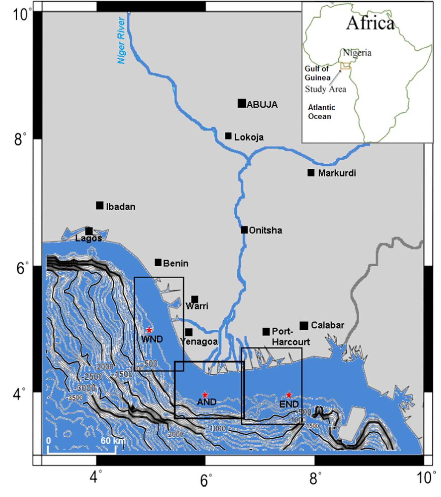 Hanson Delta Map of the study area showing study locations (boxes) of the