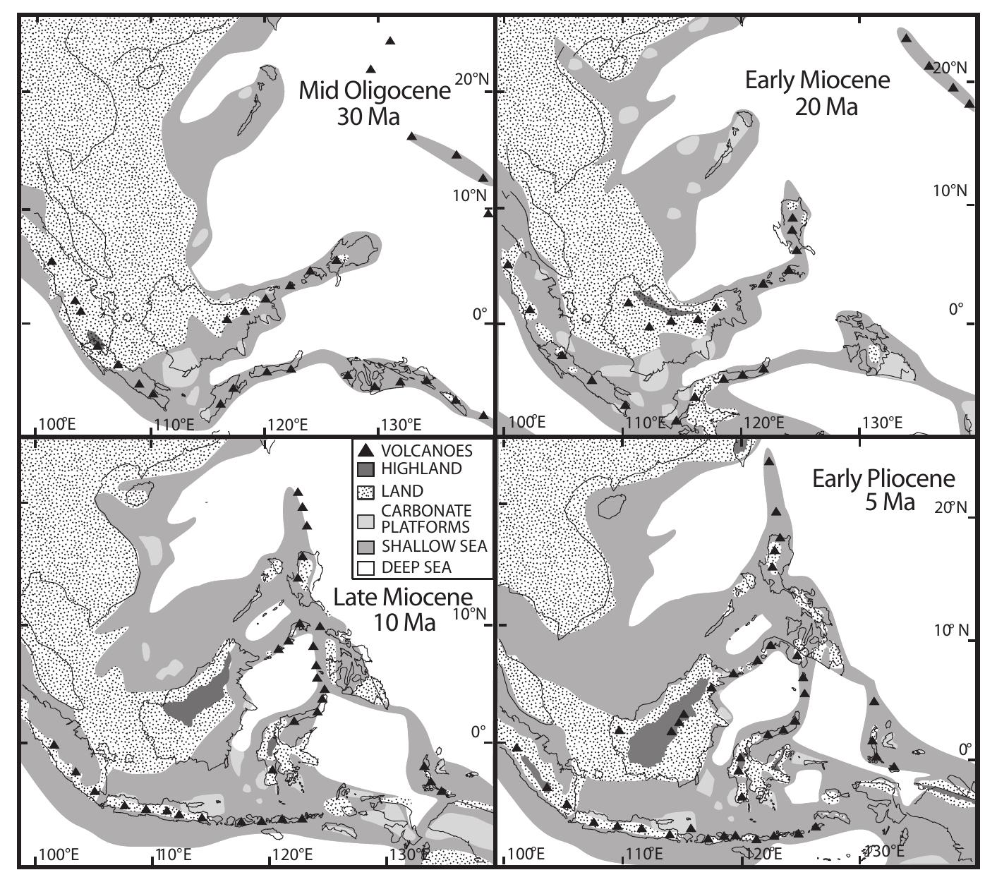 Figure 2.3. Major features of the geological development of the Philippine archipelago at 30 Ma, 20 Ma, 10 Ma, and 5 Maa. In order to allow recognition of the rock units, the shapes of modern islands are shown by fine lines; these are included for reference only. (Redrawn with permission  from Hall 1998.) 