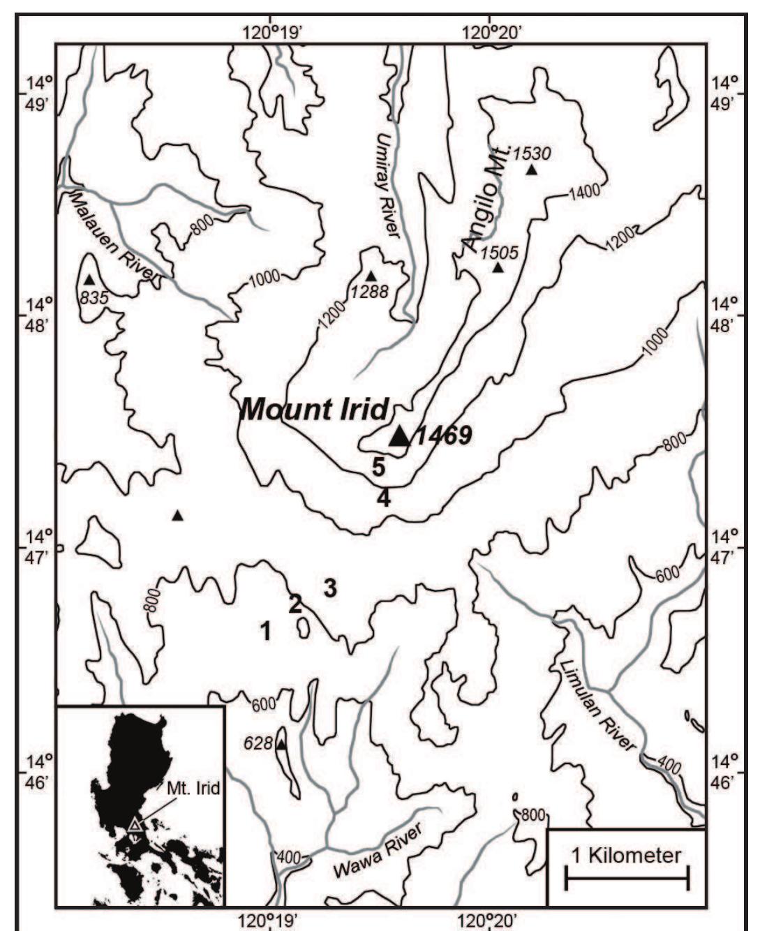 Fig. 1. Map of Mt. Irid, showing its location on Luzon (inset). Sampling local- ities are indicated by numbers, following the list of study areas (see Methods). Contour interval = 200 m. 