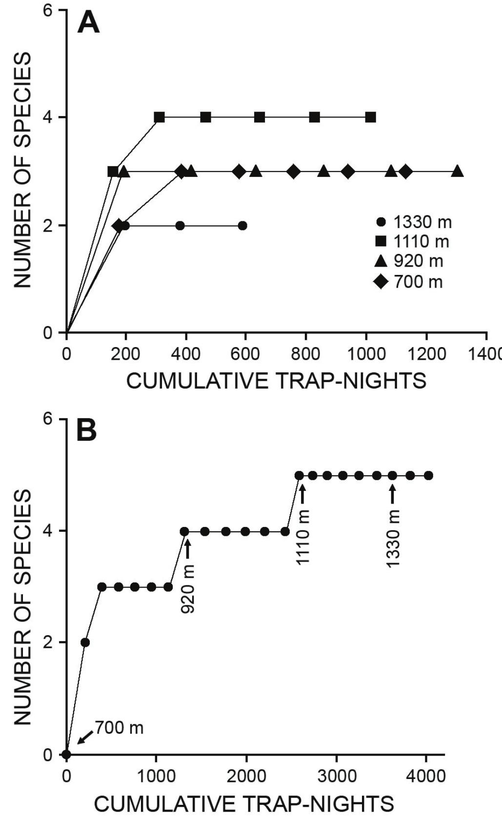 Fig. 3. Species accumulation curves for native non-volant small mammals on Mt. Irid, in individual localities, A, and for the entire transect, B, with the beginning of sampling at each location shown. Each symbol represents one day of sampling. 