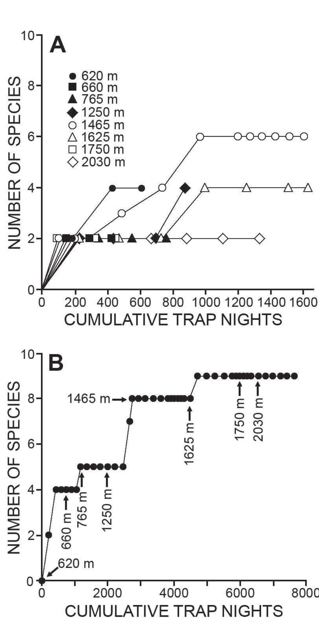 Fig. 3. Species accumulation curves for non-volant small mammals on Mt. Banahaw, based on data collected in 2004-2012. (A) individual study localities; (B) all localities combined. Arrows in (B) indicate the initiation of trapping at the corresponding study locations; see Methods. 