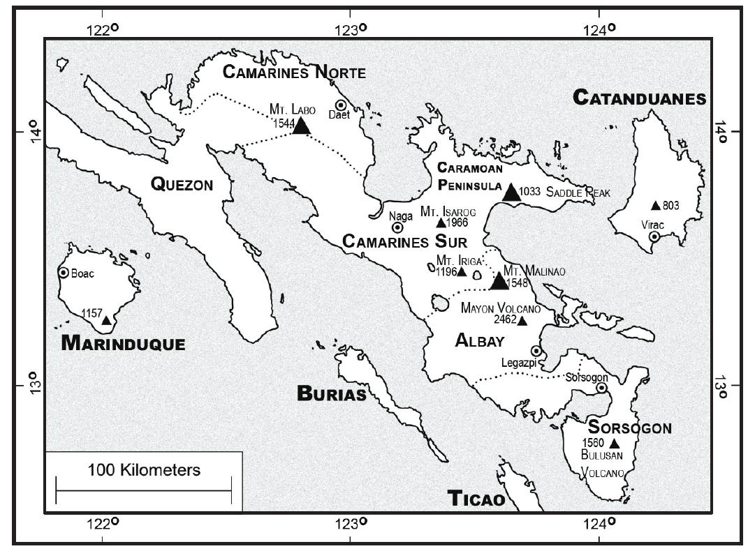 Fig. 1. Map of southeastern Luzon, showing the locations of Mt. Labo, Mt. Malinao, Saddle Peak, the Caramoan Peninsula, and other prominent mountains.  INTRODUCTION  —— Oe Em  The Bicol Peninsula (Fig. 1), which forms the southeast- ern extension of Luzon Island, is a geologically complex landmass characterized by active volcanism (Hall, 1996; Yumul et al., 2008). At least a dozen stratovolcanoes, three of which (Mts. Bulusan, Iriga, and Mayon) are the most active in the Philippines, dot the length of the peninsula (Andal et al., 2005; Bureau of Mines and Geo-Sciences, 1981; Heaney et al., 1999). One of these stratovolcanoes, Mt. Isarog (1966 m), is one of the best known centers of mammalian diversity and endemism in the Philippines, with four endemic species of non-volant small mammals, all associated with high elevation (above 1300 m) habi- tats (Heaney et al., 1999, 2010, 2013; Rickart et al., 1991).  