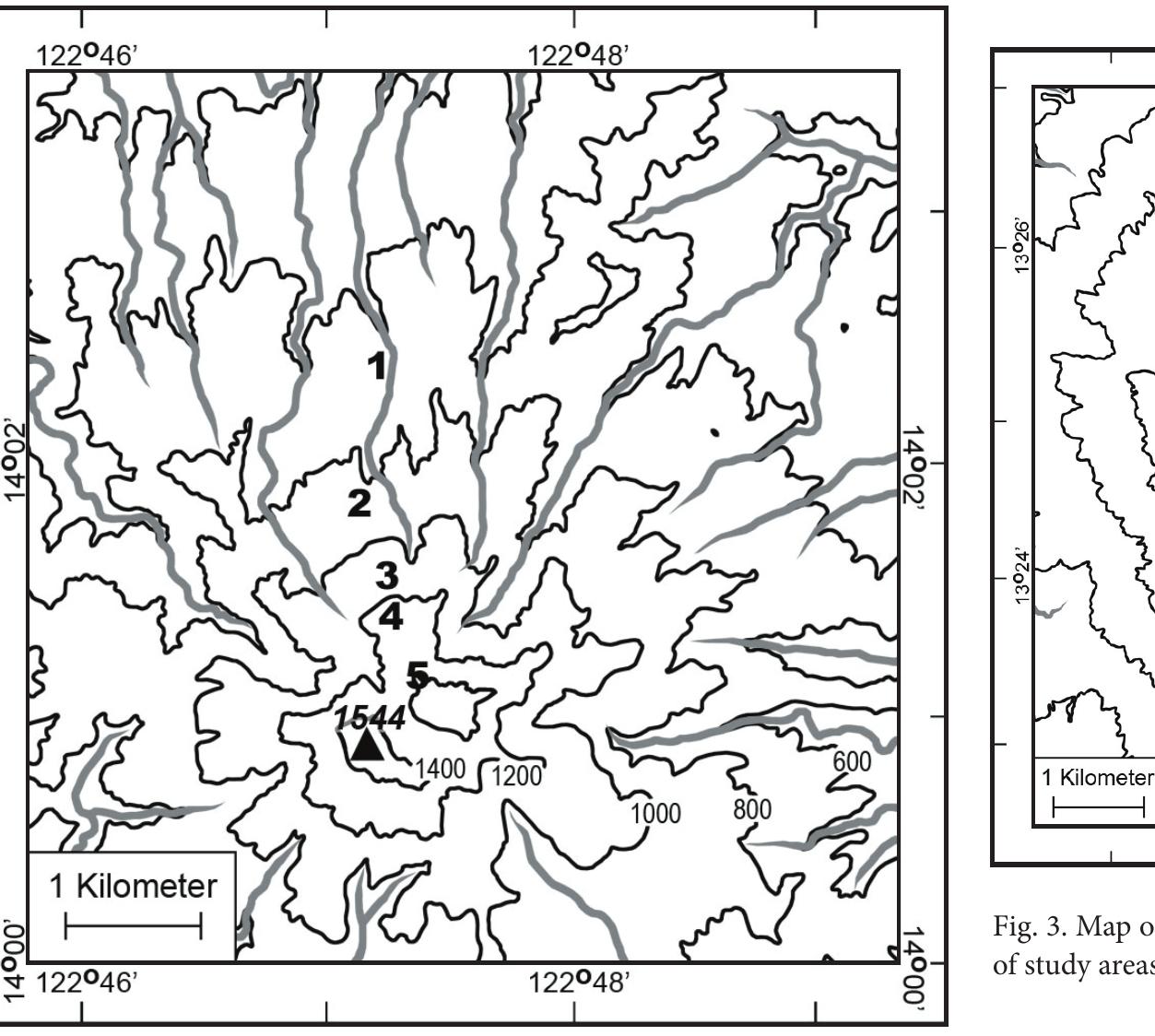 Fig. 2. Map of sampling localities on Mt. Labo, numbered following the list of study areas (see Study Locations). Contour interval = 200 m. 
