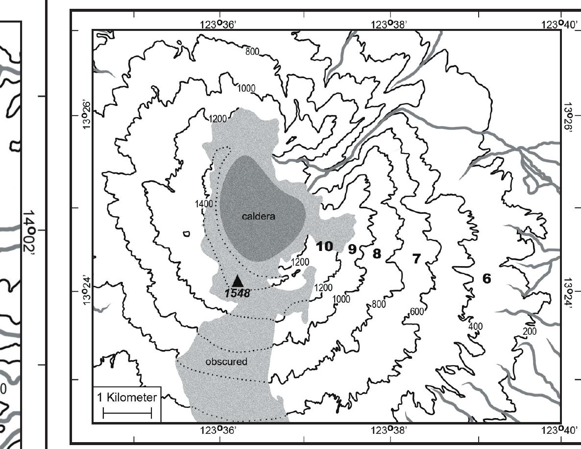 Fig. 3. Map of sampling localities on Mt. Malinao, numbered following the list of study areas (see Study Locations). Contour interval = 200 m. 