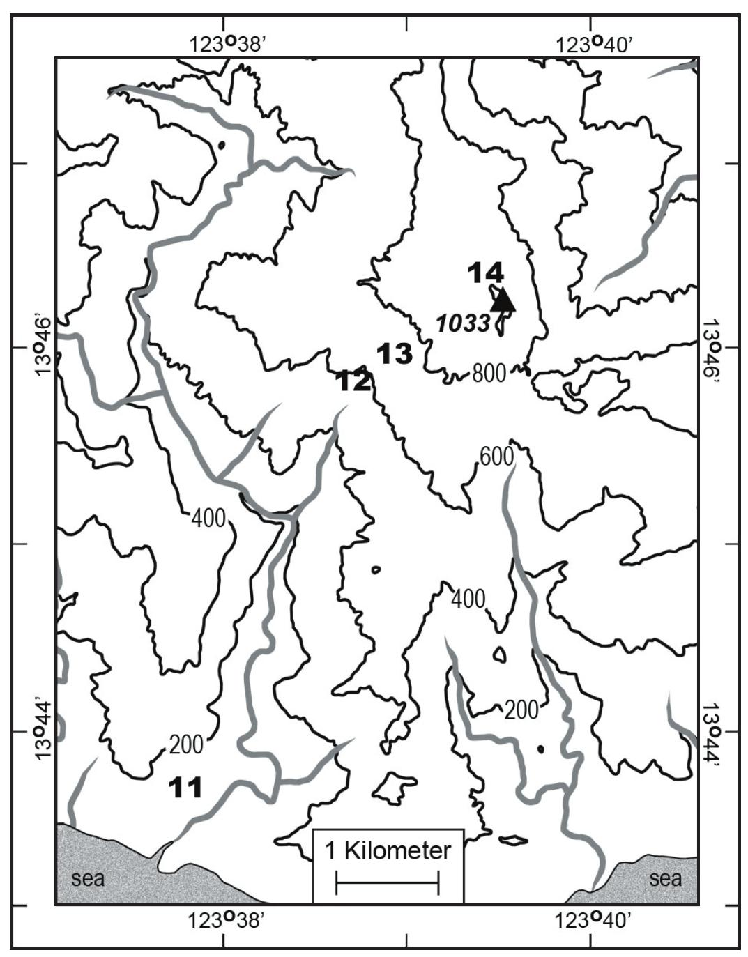 Fig. 4. Map of sampling localities on Saddle Peak, numbered following the list of study areas (see Study Locations). Contour interval = 200 m. 