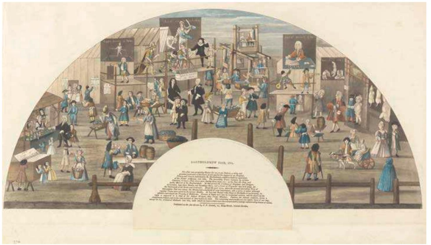Figure 3. John Frederick Setchel (publisher), Bartholomew Fair, unmounted printed fan leaf, 1824 (after a drawing of ca. 1730). Etching and aquatint with hand-coloring on paper, with letterpress text printed below. Yale Center for British Art, Paul Mellon Collection, B1978.43.337. 