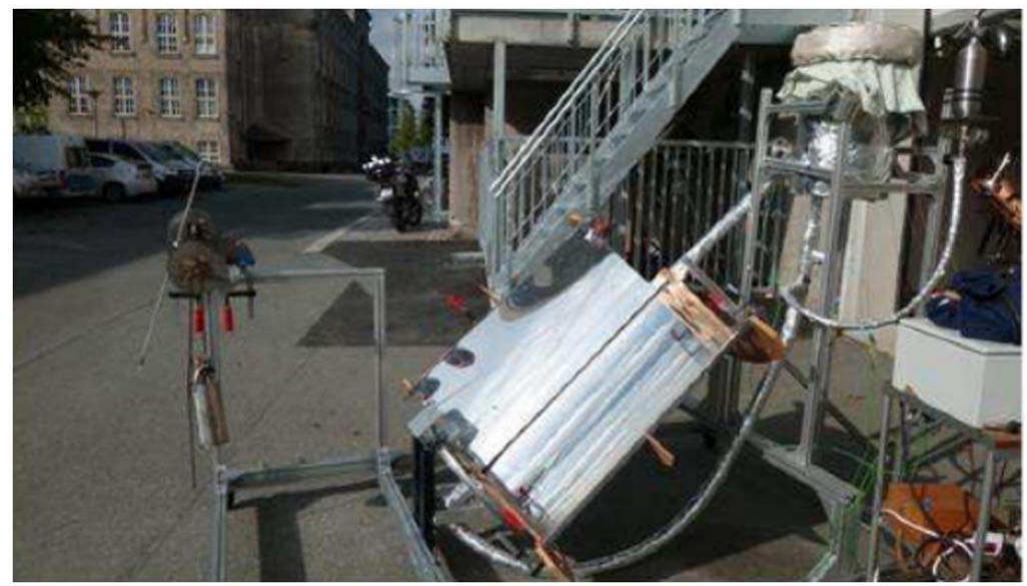 Fig. 4. Parabolic trough 1 x 1.05 m size, with a 2 cm-diameter pipe for cooking purposes [45].  Fig. 3. Schematic diagram of PTCs system that was used for water pasteurization [43].  temperatures of parabolic trough collector. Reddy and Kumar [134] showed an analysis of the effect of different parameters on the perfor- mance of parabolic trough in Indian conditions where 58 locations across India have been analysed, and the optimum configurations were investigated. Kumaresan et al. [135] studied the performance of a solar parabolic trough collector with a thermal energy storage system. The collector's instantaneous efficiency, charging efficiency, stored energy in the storage tank, collected energy by the PTC and overall system efficiency were evaluated on a full sunny day. Krishnamurthy et al. [24] presented a cost analysis for parabolic trough technology in India and expected the reductions in the cost from (24-25 US Cents/kWh) to (14-15 US Cents/kWh) and estimated the cost of power station which will be launch in 2022. Gong et al. [19] presented some results of the 