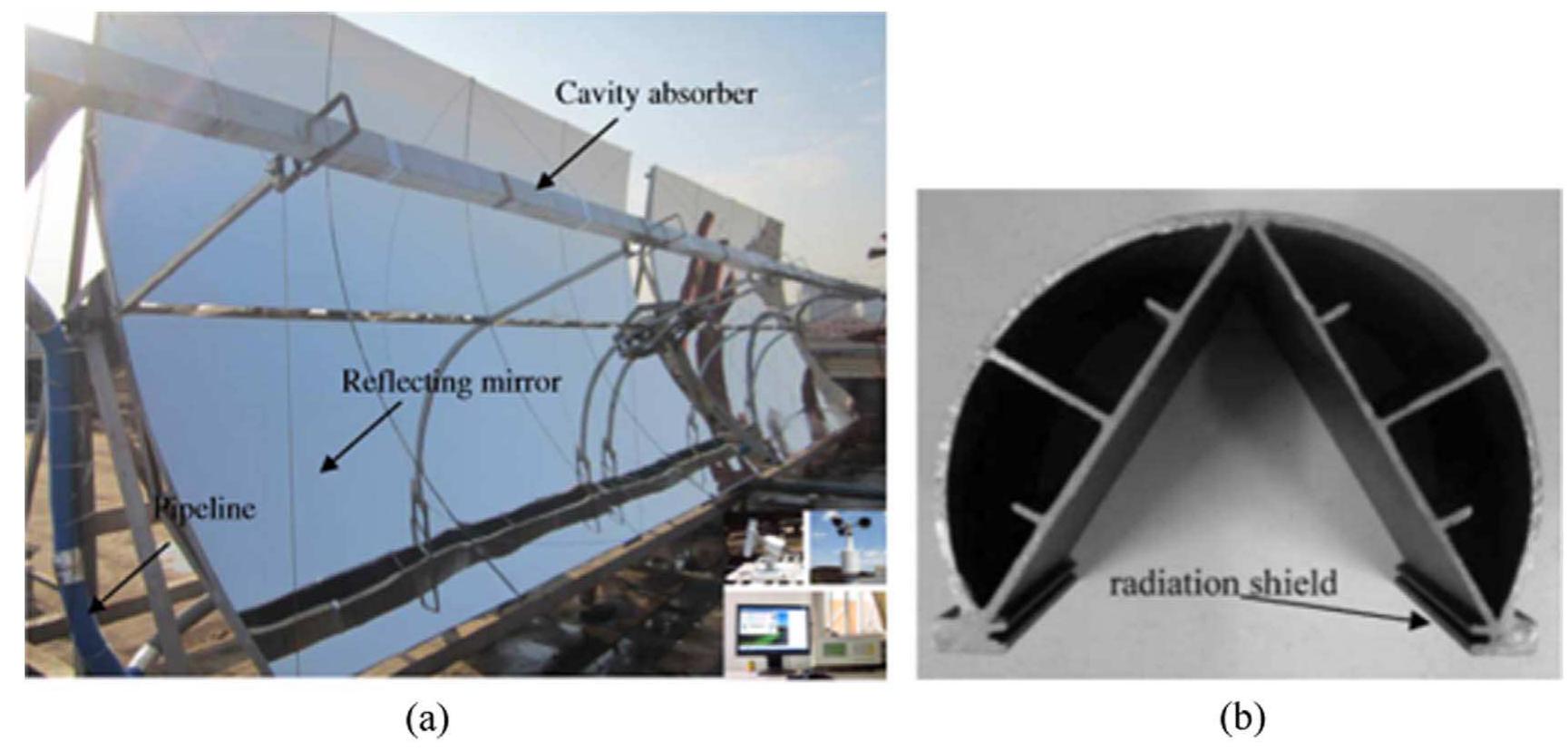 Fig. 24. A prototype of parabolic trough collector with cavity design absorber [158].  Xiao et al. [15] investigated optical activity and heat transfer pro- cess of HTF through V-cavity absorber and found that V-cavity design 
