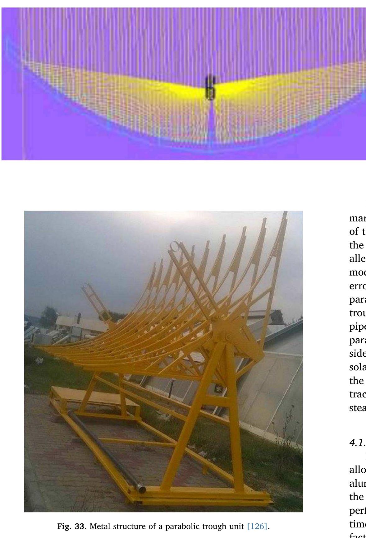 Col et al. [44] studied the thermal and electric production of a parabolic trough linear concentrating photovoltaic-thermal (CPVT) system, and found that the electric efficiency reduced by temperature difference reduction. The obtained global efficiency was 70%. Fig. 5 indicates linear parabolic trough photovoltaic concentrator with 2.4 m long receiver tube, 6.857 m? aperture area and closely 130 geometrical ratio. The tracking system of CPVT consisted of Two axes (azimuthal and zenithal motion), to make the beam radiation always normal to the plane. The tracking is governed by solar algorithm for following solar radiation and solar sensor for establishing the best receiver alignment. 