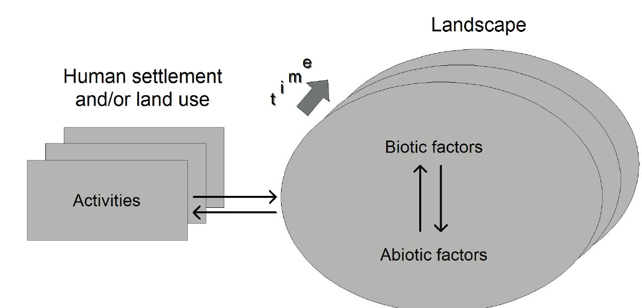 Figure 1.1 Schematic view of human-environment interactions through time.  Despite their variety, riverine environments show similar features in terms of hydrology, geomorphological processes and resulting landforms. An idealised river system includes a channel, 