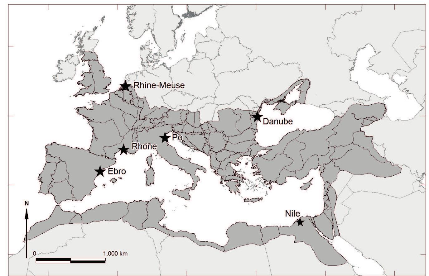 Figure 1.2 Maximum extent of the Roman Empire with the locations of the deltas discussed in the text. 