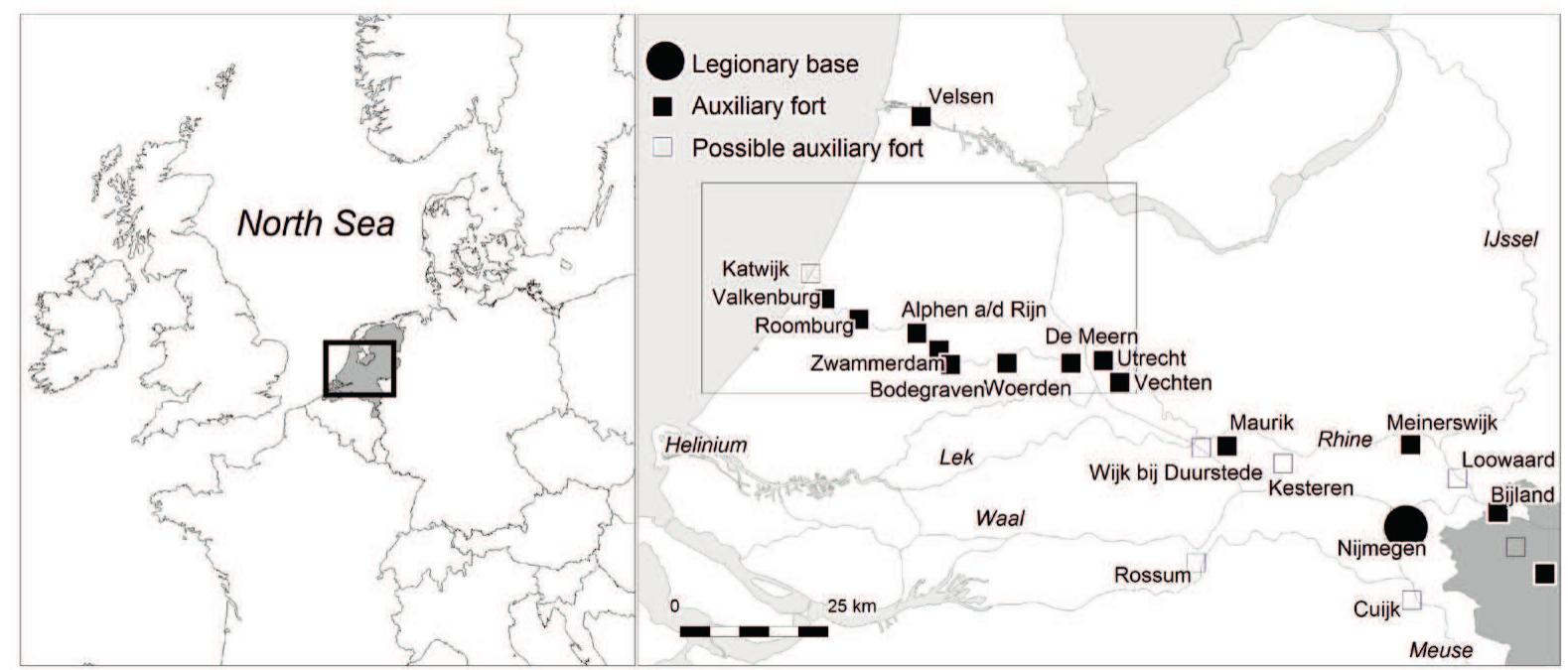 Figure 2.1 Roman fortifications in the Rhine-Meuse delta, the Netherlands, in the first two centuries AD. projected on modern topography (after Polak, 2009). Box indicates the research area. 