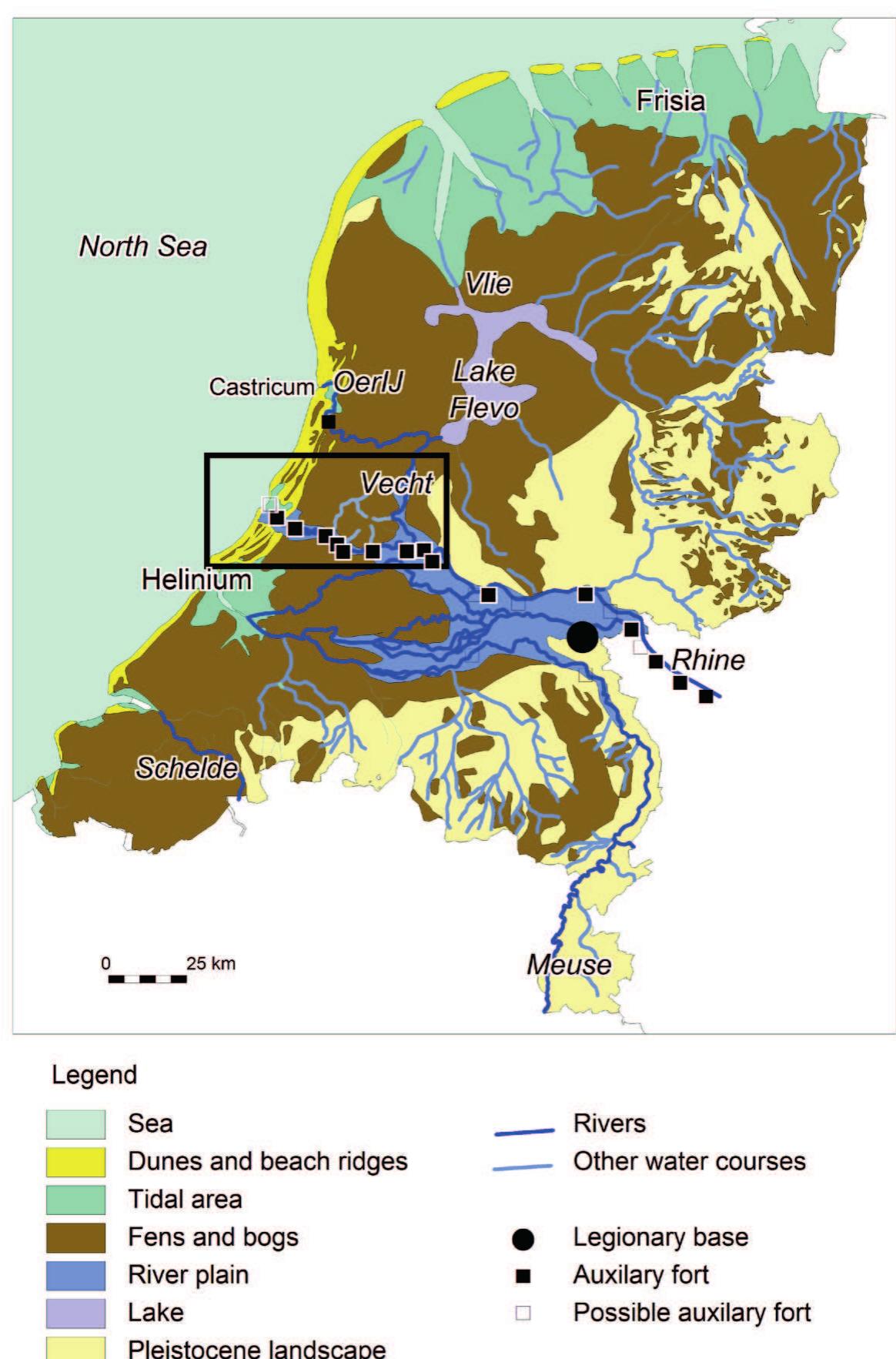 Figure 2.2 Palaeogeographic map of the Netherlands in 1st century AD Box indicates the research area Map is based on several studies (Westerhoff et al., 2003; De Bont, 2008; Van Beek, 2009; Cohen et al., 2009; Vos et al., 2011).  Alluvial ridges and flood basins formed the major geomorphological features with only slight height differences of less than one to two meters. The alluvial ridges consist of natural levees, completely or partly silted up swales and residual channels, and point bars (Cohen et., 2009). The elevated levees were gradually formed during annual floods, when the rivers deposited overbank sediment along their channel. In the low-lying flood basins farther away from the river clay was deposited during overbank flooding. Furthermore, small channels could erode through the natural 