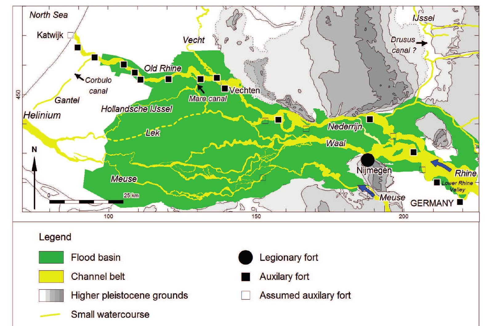 Figure 2.3 Active channels belt in the Rhine-Meuse delta in the first two centuries AD (modified after Erkens and Cohen, 2009).  The water discharge of the Oude Rijn gradually decreased during the Roman period. This was caused by a steadily redirection of the water flux in the Nederrijn towards the more southerly Hollandsche Issel distributary and later on to the Lek (Fig. 2.3). Because of this development, the fluvial activity of the river Vecht also reduced, ultimately resulting in the onset of peat growth on 