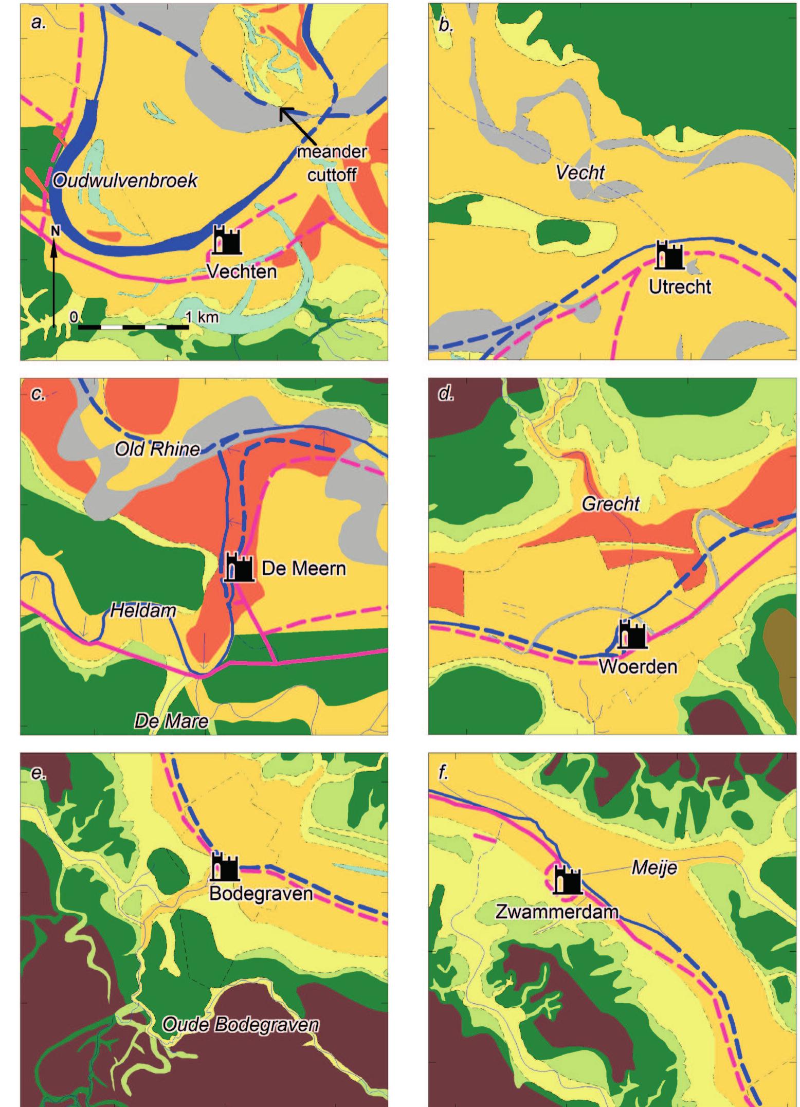 Figure 2.7 Palaeogeographical situation in the surroundings of the Roman castella along the western Lower Rhine in first centuries AD (For legend see Fig. 2.6). 