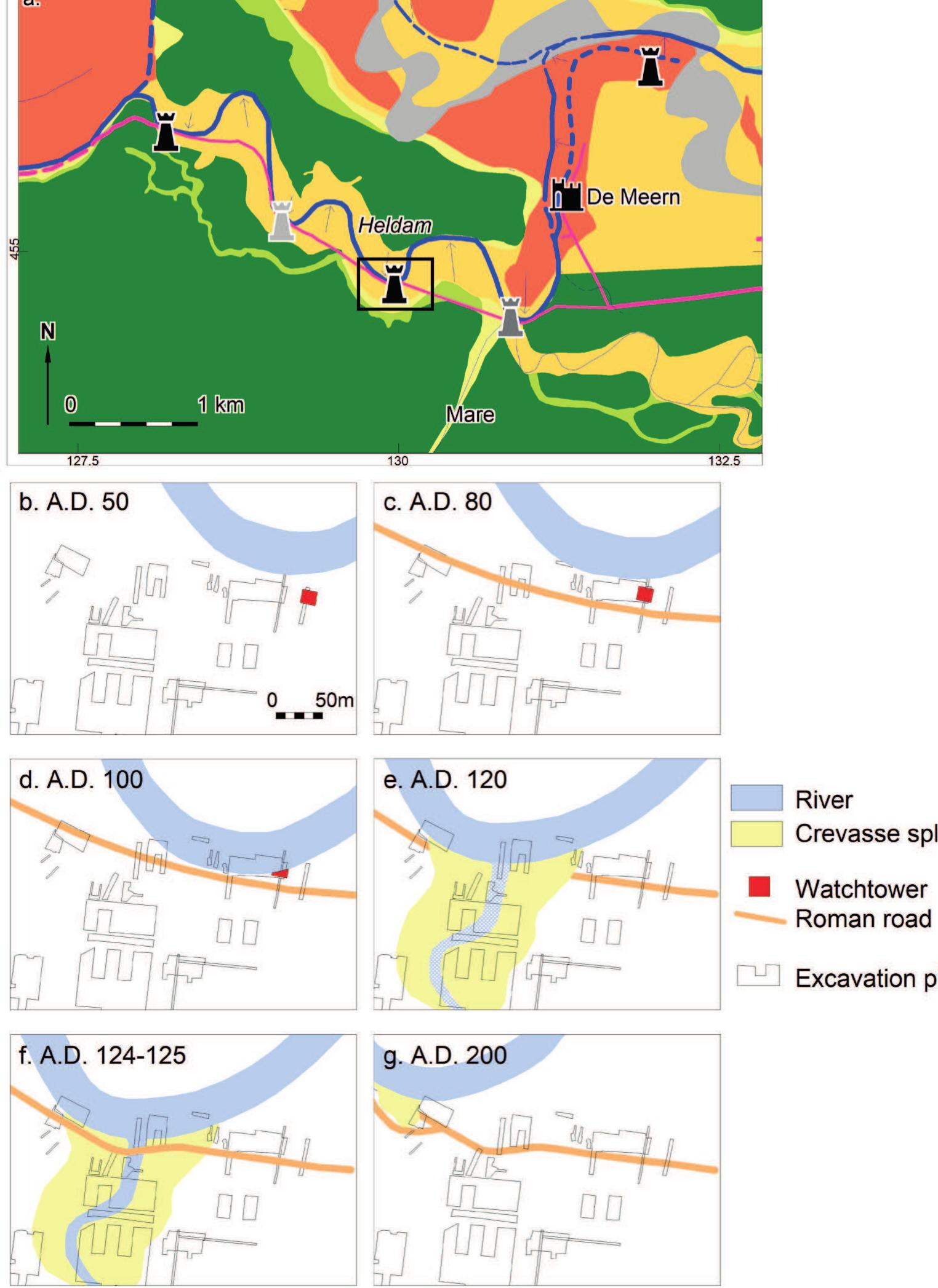 Figure 2.9 a. Distribution of military complexes near fort De Meern (For legend see Fig. 2.6); b-g: River migration along the eastern most watchtower complex along the Heldam river through time (box in Fig. 2.9a indicates location).  Figure 2.9 a. Distribution of military complexes near fort De Meern (For legend see Fig. 2.6); b-g: River 