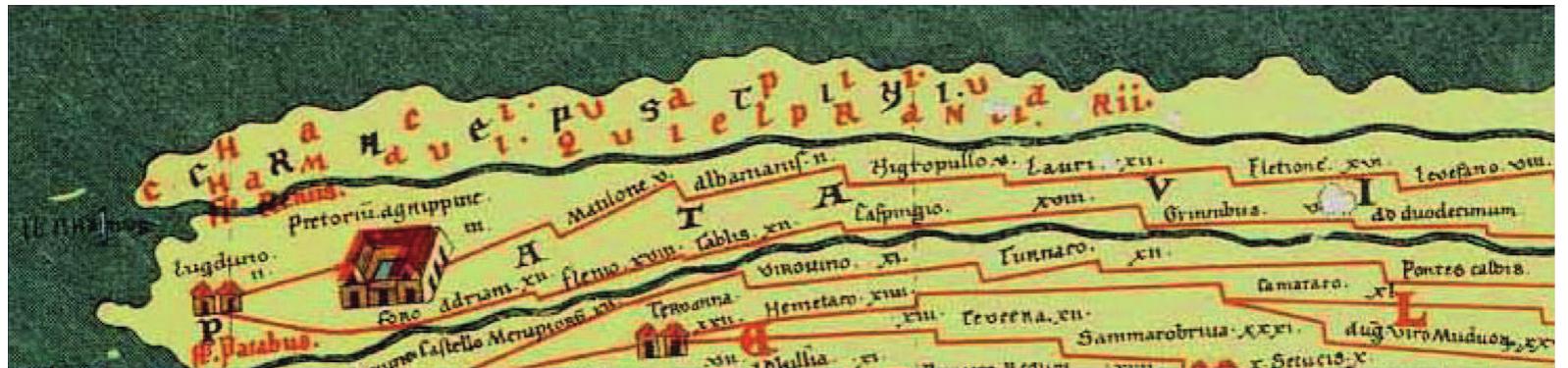 Figure 2.10 Part of Tabula Peutingeriana segment 1, depicting rivers, roads and fortifications with mutual distances in Jeugae in the western part Lower Rhine Delta (Weber, 1976). 