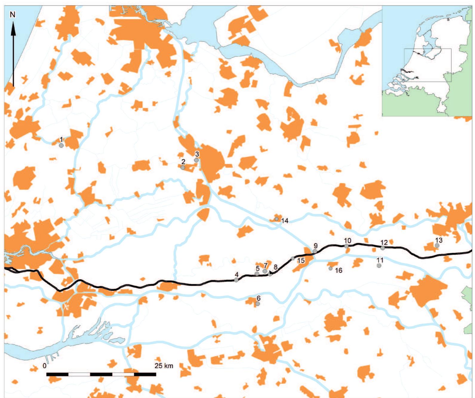 1 Hazerswoude-Windmolenpark; 2 Utrecht-De Balije; 3 Utrecht-Hogeweide; 4 Rumpt-Eigenblok; 5 Geldermalsen-De Bogen;  6 Zaltbommel-De Wildeman; 7 Geldermalsen-De Plantage; 8 Geldermalsen-Hondsgemet; 9 Tiel-Medel; 10 Lienden-Woonwagenkamp; 11 Druten-Deesd aan het water; 12 Dodewaard-De Hien; 13 Elst-Westeraam; 14 Wijk bij Duurstede-De Horden;  15 Tiel-Malburg; 16 Beneden Leeuwen-De Ret  ai Betuwe railway track 
