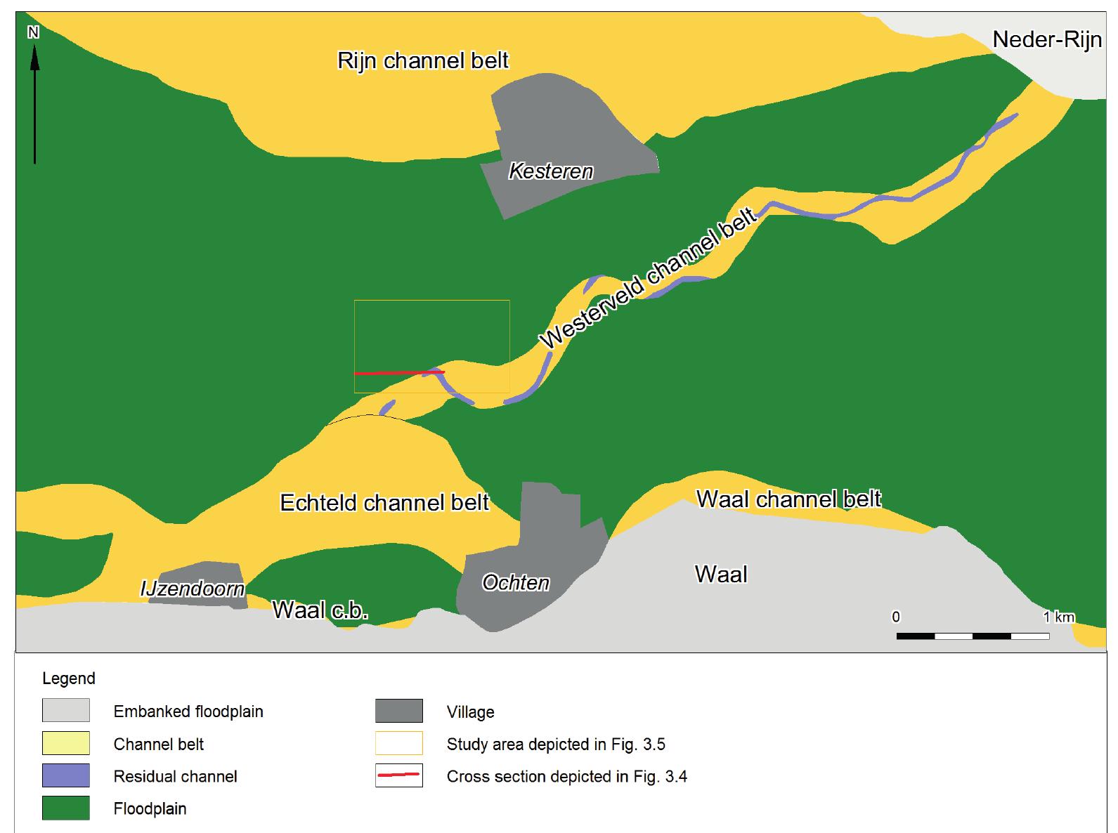 Figure 3.3 Geologic map of the area surrounding archaeological site ‘Lienden- Woonwagenpark (after Berendsen, Faessen and Kempen, 1994). 