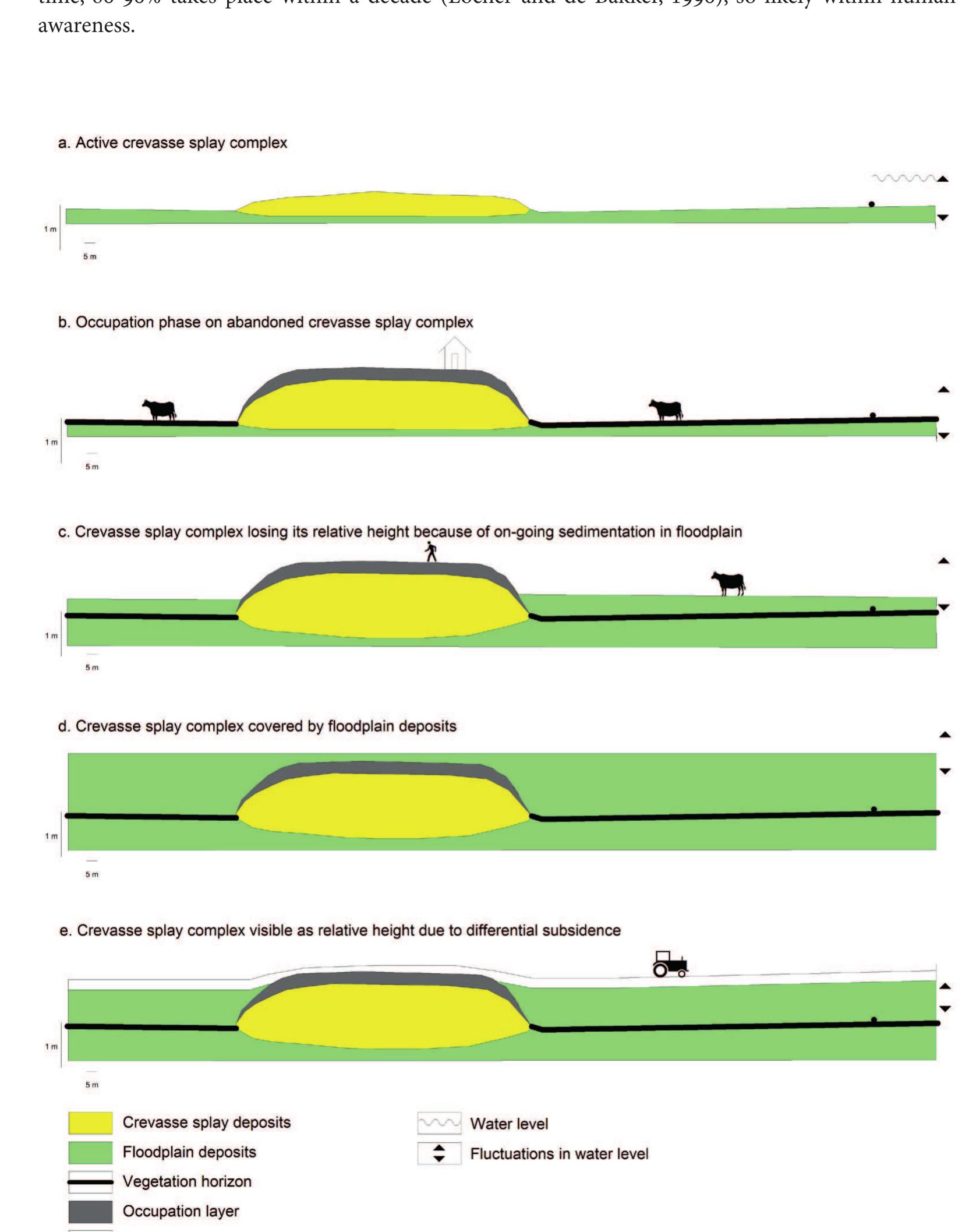 Figure 3.8a-e Schematic evolution of the landscape around crevasse splay deposits. 