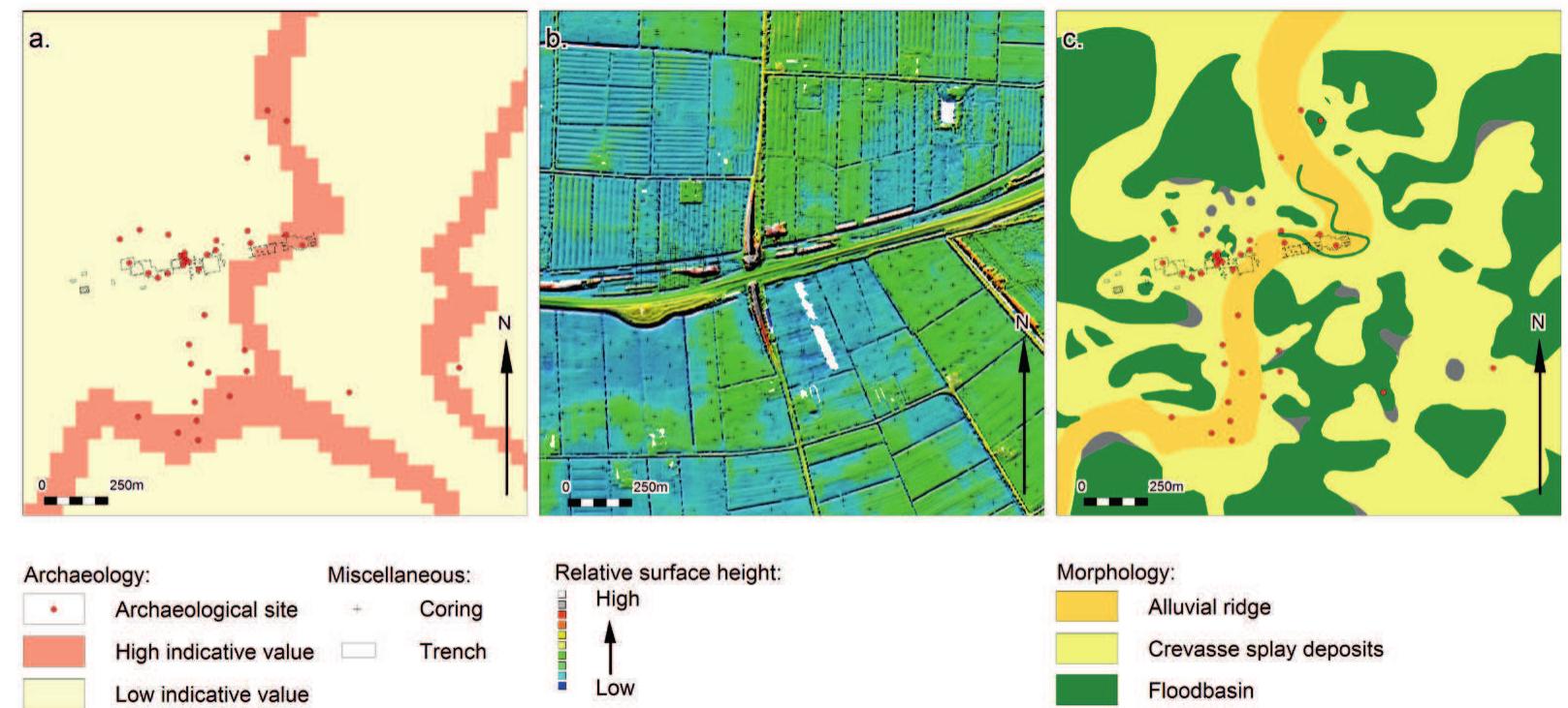 Figure 3.9 Site‘ Rumpt - Eigenblok on a. Archeological Indicative Map (IKAW), b. digital elevation model (DEM), and c. morphological map. 