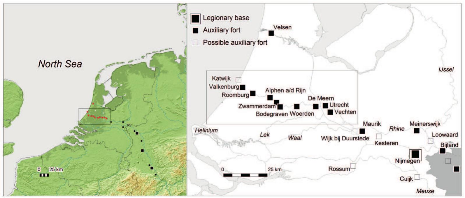 Figure 4.1 Research area in the Netherlands with Rhine delta forts projected on modern topography (after Polak, 2009). Box indicates research area. 