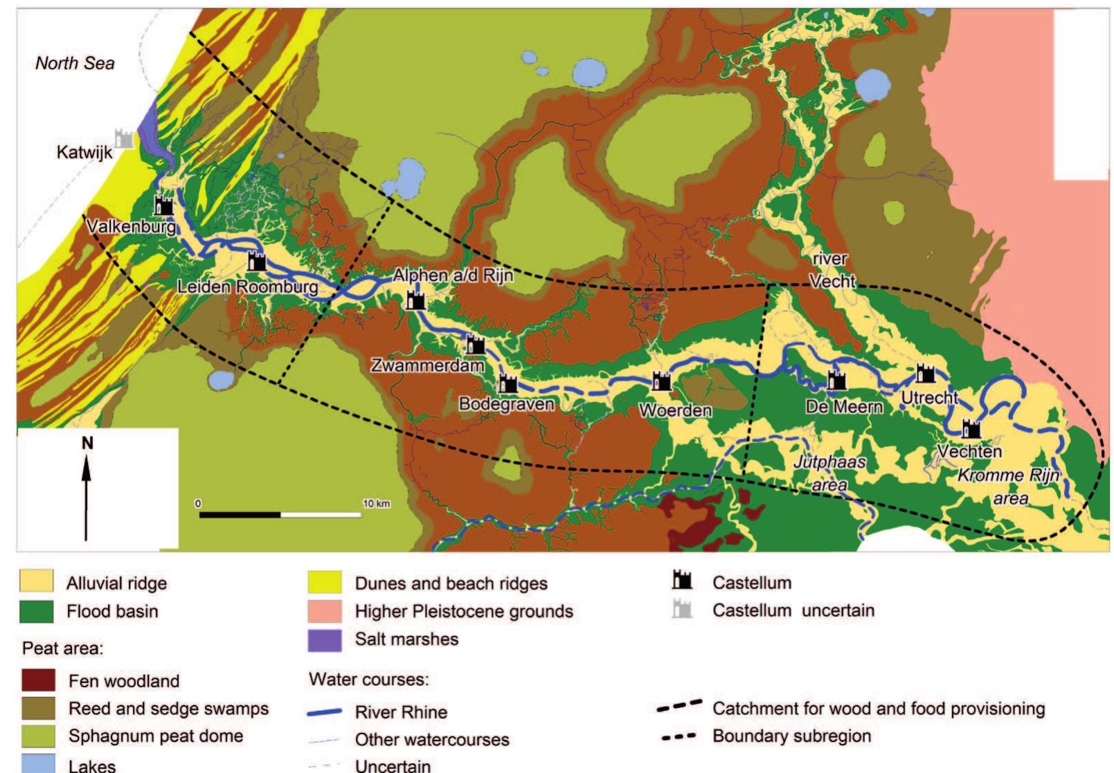 Figure 4.2 Palaeogeographical map of the western Lower Rhine Delta during the Roman period (after Chapter 2). 