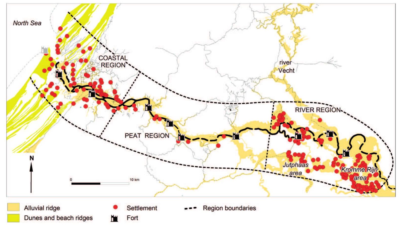 Figure 4.5 Reconstructed settlements in the western Lower Rhine Limes- zone based on ARCHIS database (2009). 