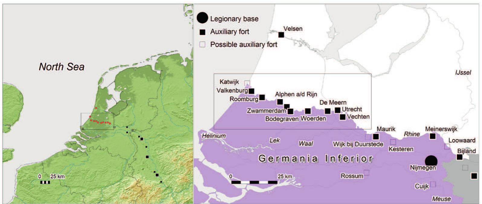 Figure 5.1 Research area in the Netherlands with Rhine delta forts projected on modern topography (after Polak, 2009). Box indicates research area and in purple the Roman province Germania Inferior at the end of the 1“ century AD. 