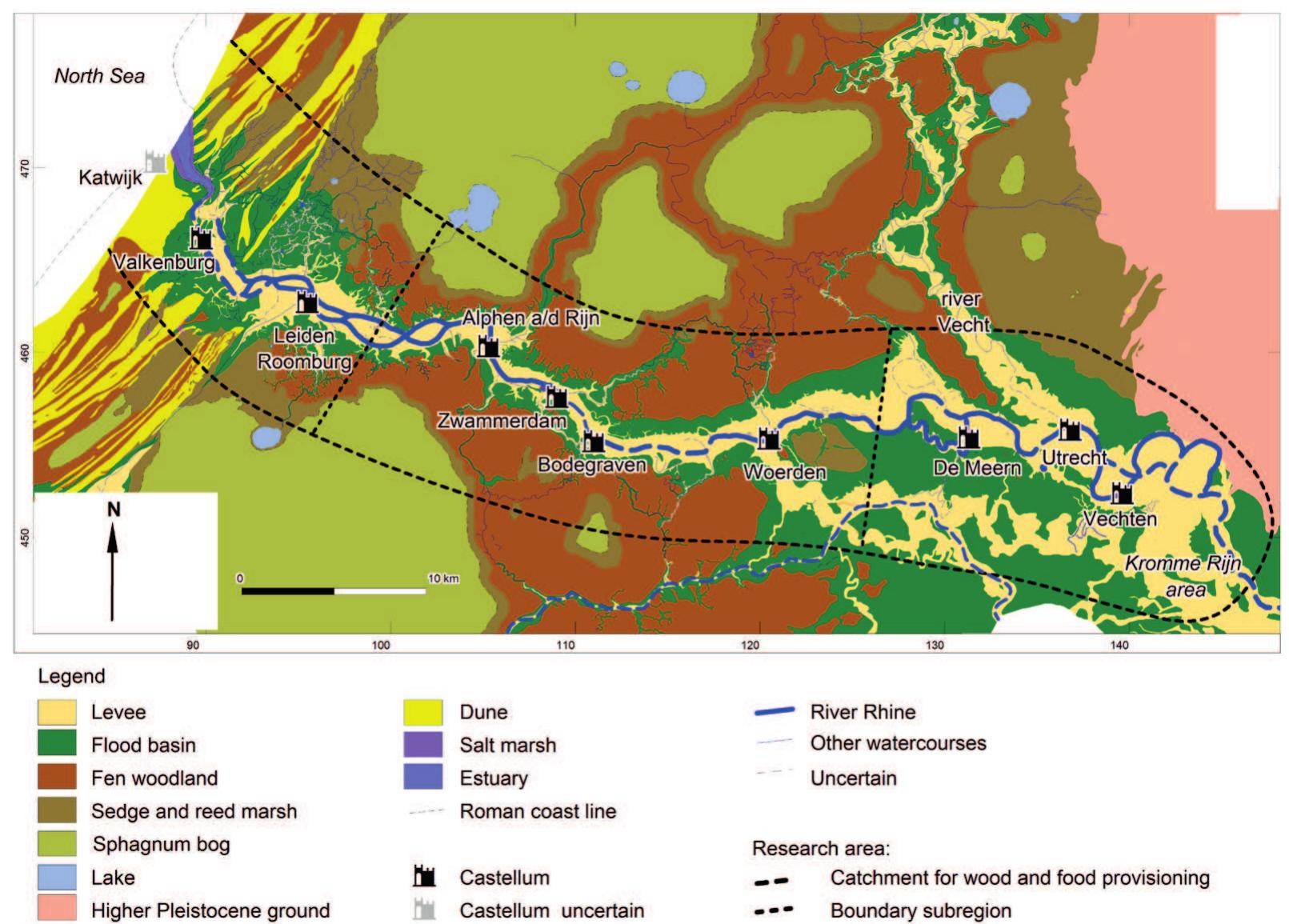 Figure 5.3 Palaeogeographical map of the western Lower Rhine Delta during the Roman period (after Chapter 2). 