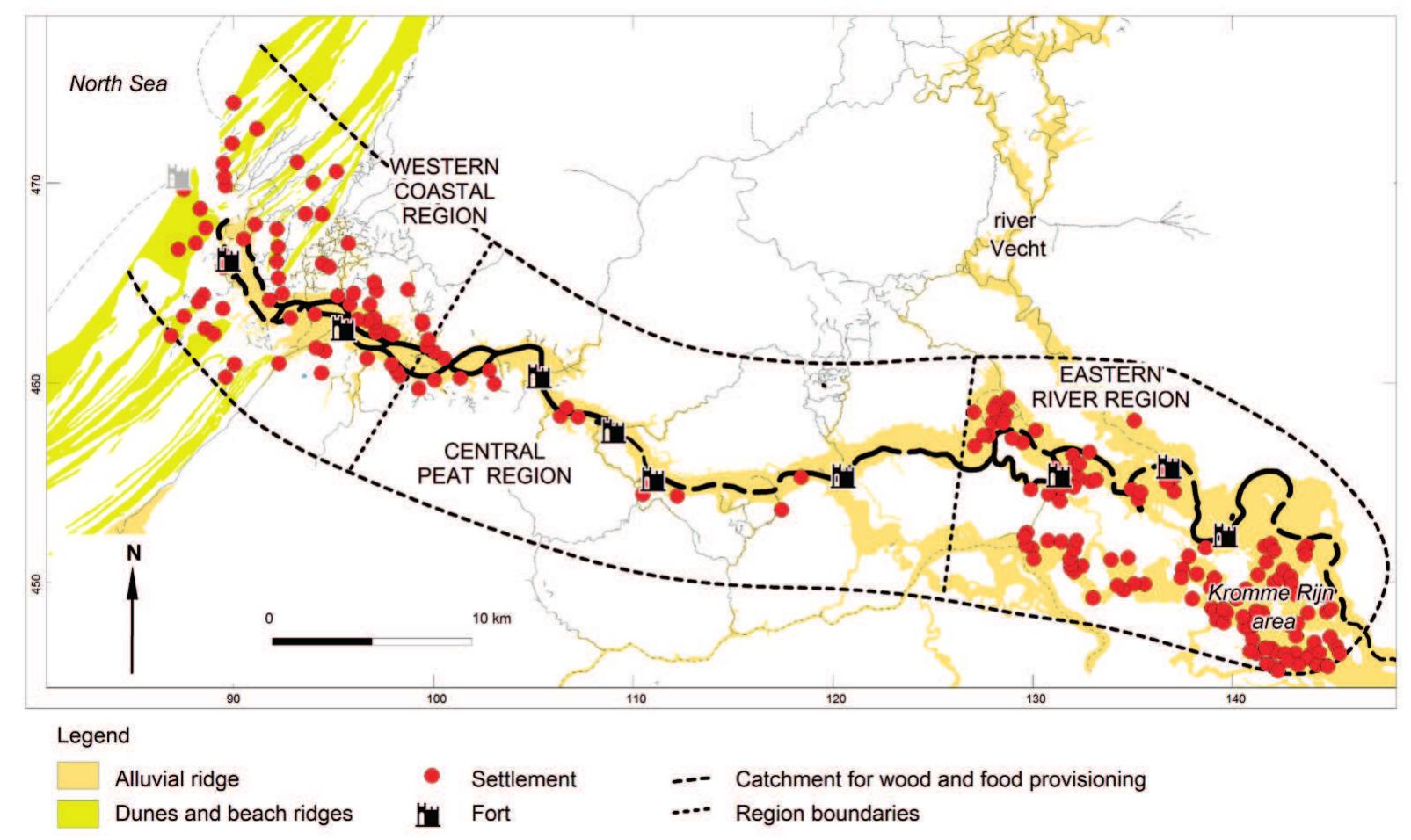 Figure 5.4 Reconstructed settlements in the western Lower Rhine Limes- zone based on ARCHIS database (2009; after Chapter 4). 