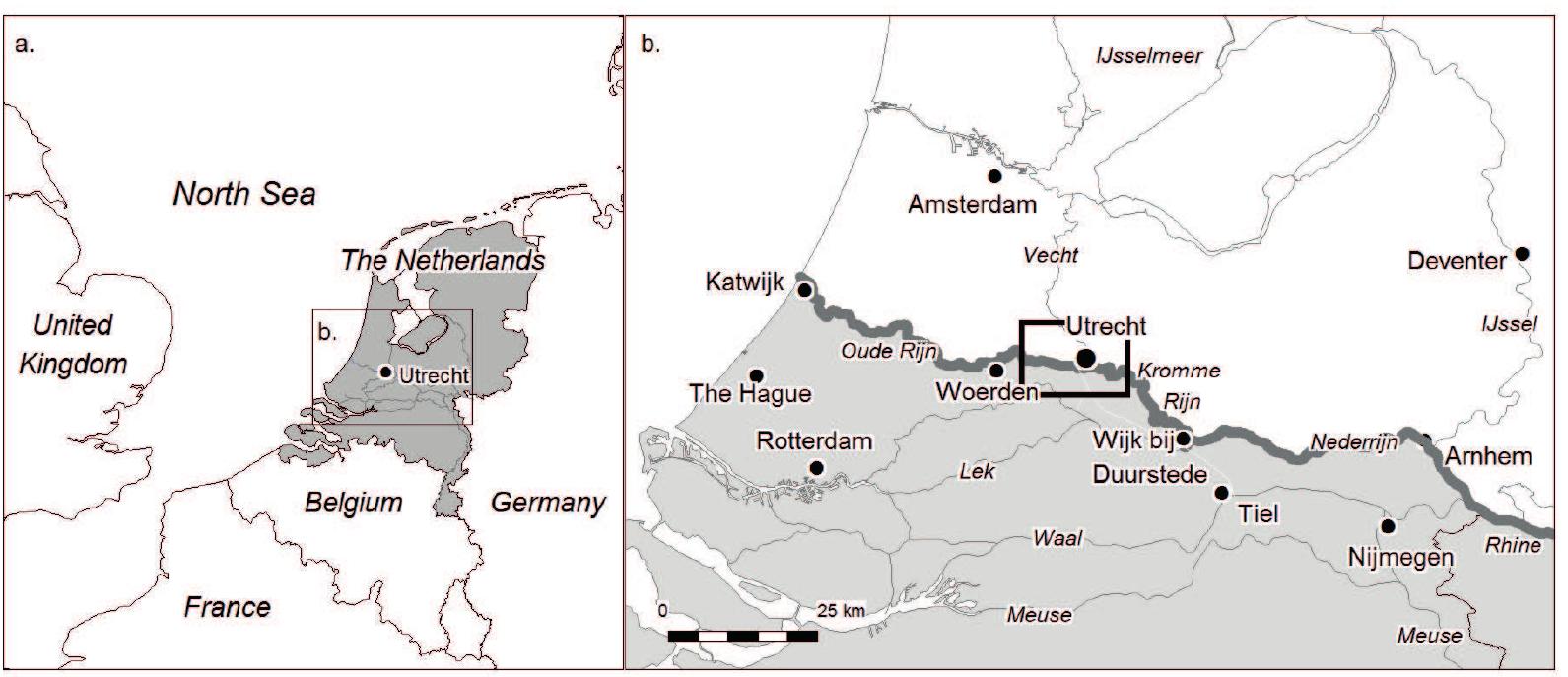 Figure 6.1 Location of the study area (box): a. in the central part of the Netherlands, b. near the city of Utrecht along the river Kromme Rijn - Oude Rijn (box); shaded area is the Roman province of Germania Inferior at end of the 1* century AD. 