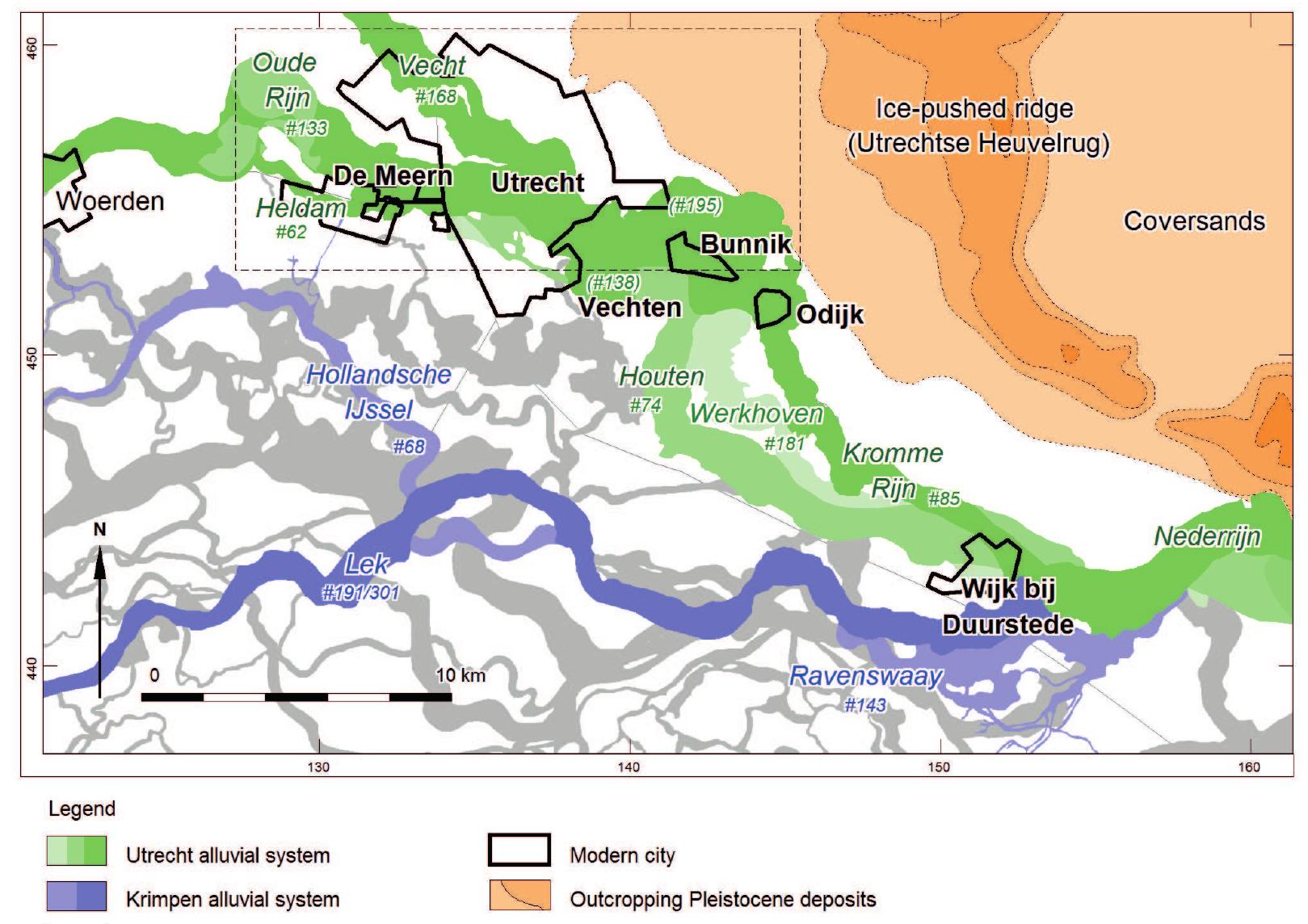 Figure 6.2 The palaeogeographical situation between Wijk bij Duurstede and Woerden during the Roman and Medieval periods (source data: Cohen et al. (2012). Older phases are indicated in lighter colour tones. The box indicates the study area (Fig.6.4). 